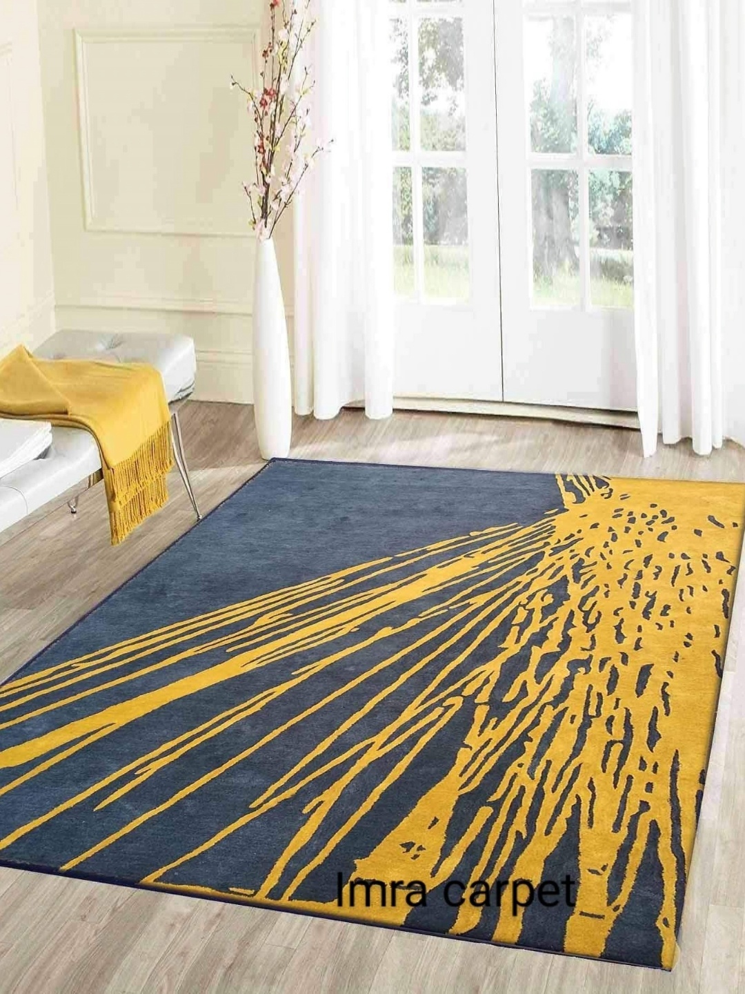 

IMRA CARPET Blue & Yellow Striped Rectangular Woollen Shaggy Carpet