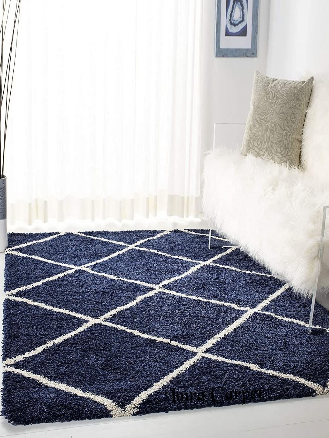 

IMRA CARPET Blue & White Geometric Shaggy Carpet