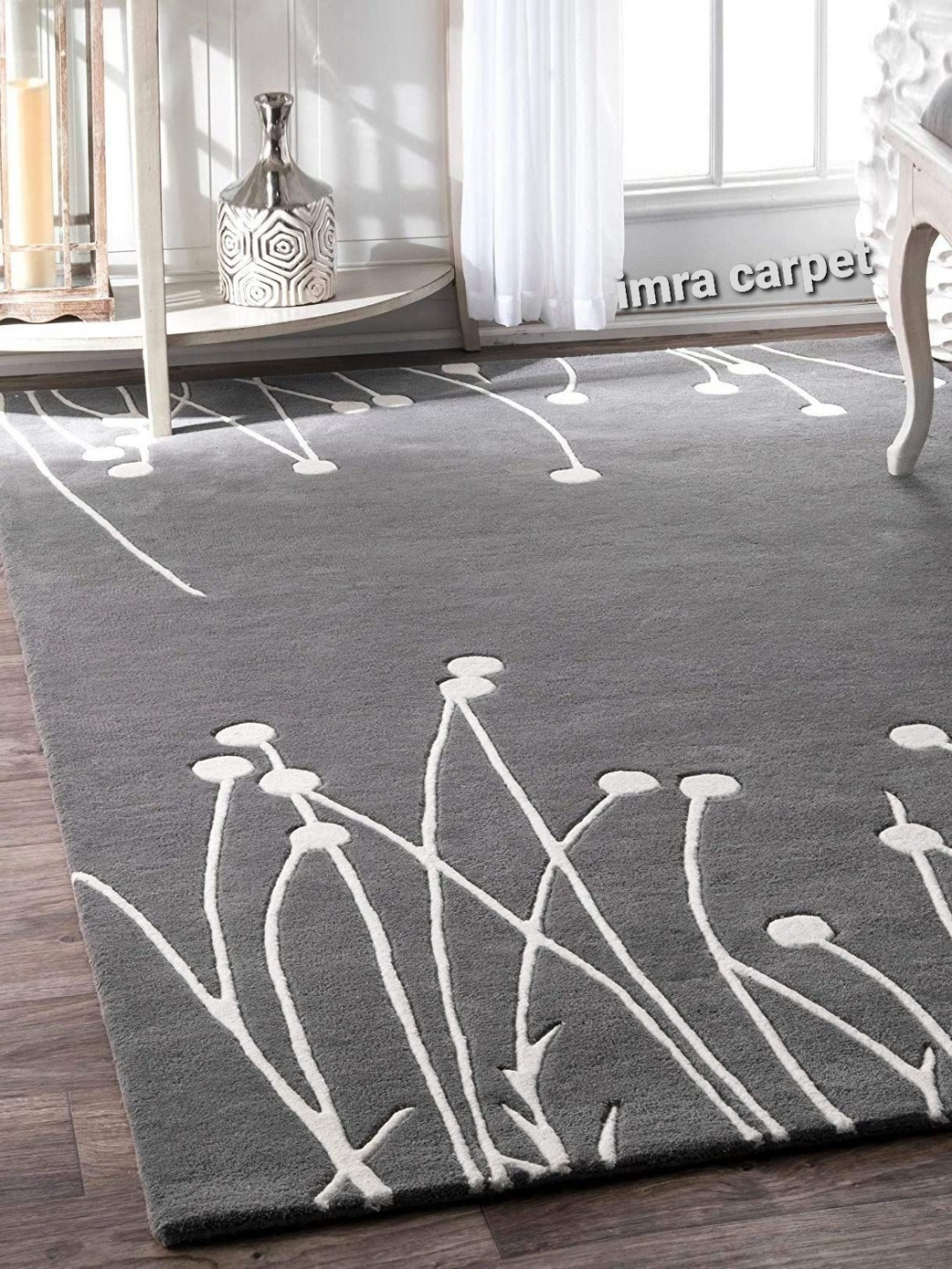 

IMRA CARPET Grey & White Floral Printed Shaggy Carpet