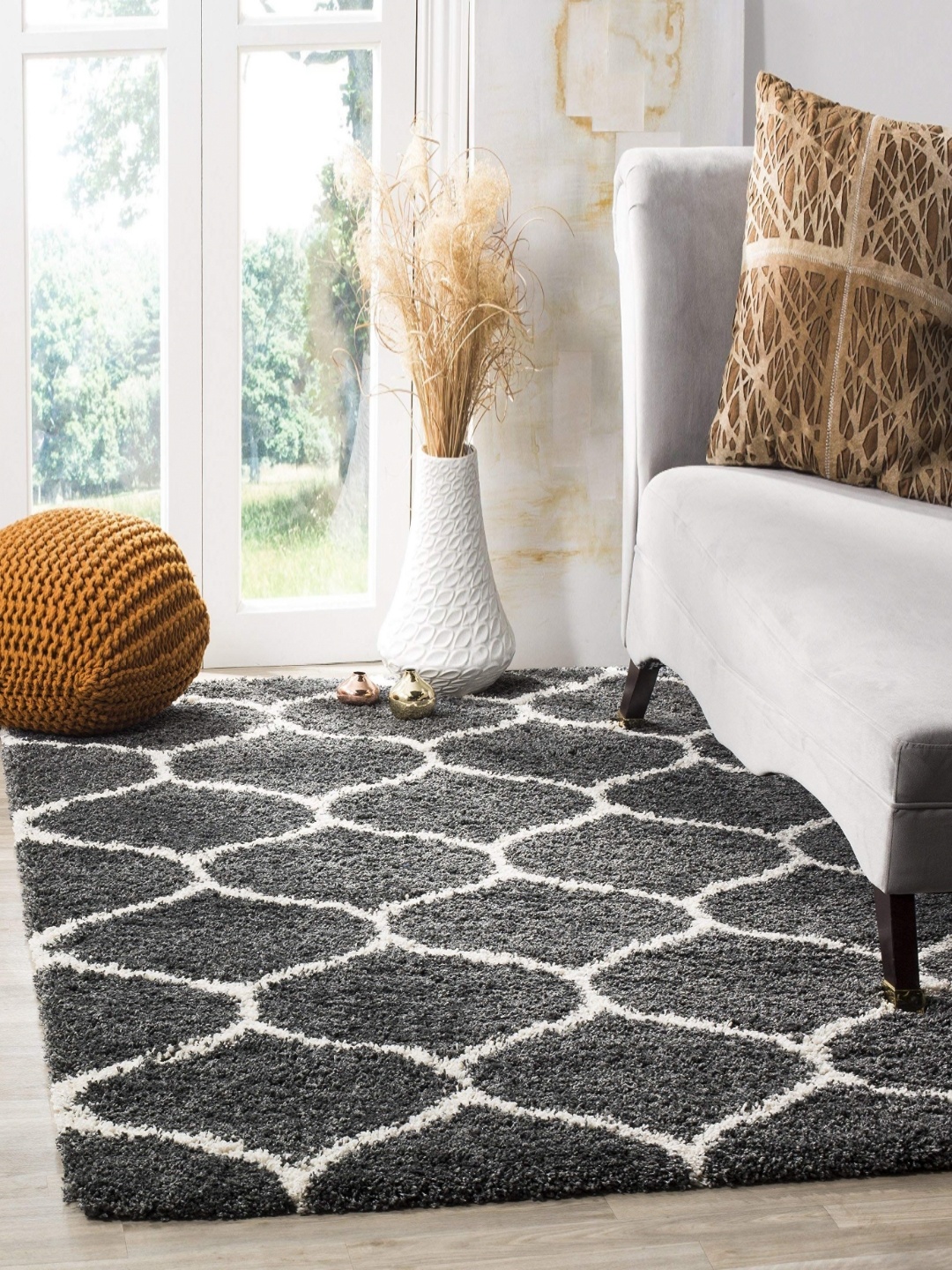 

IMRA CARPET Grey & White Geometric Shaggy Carpet