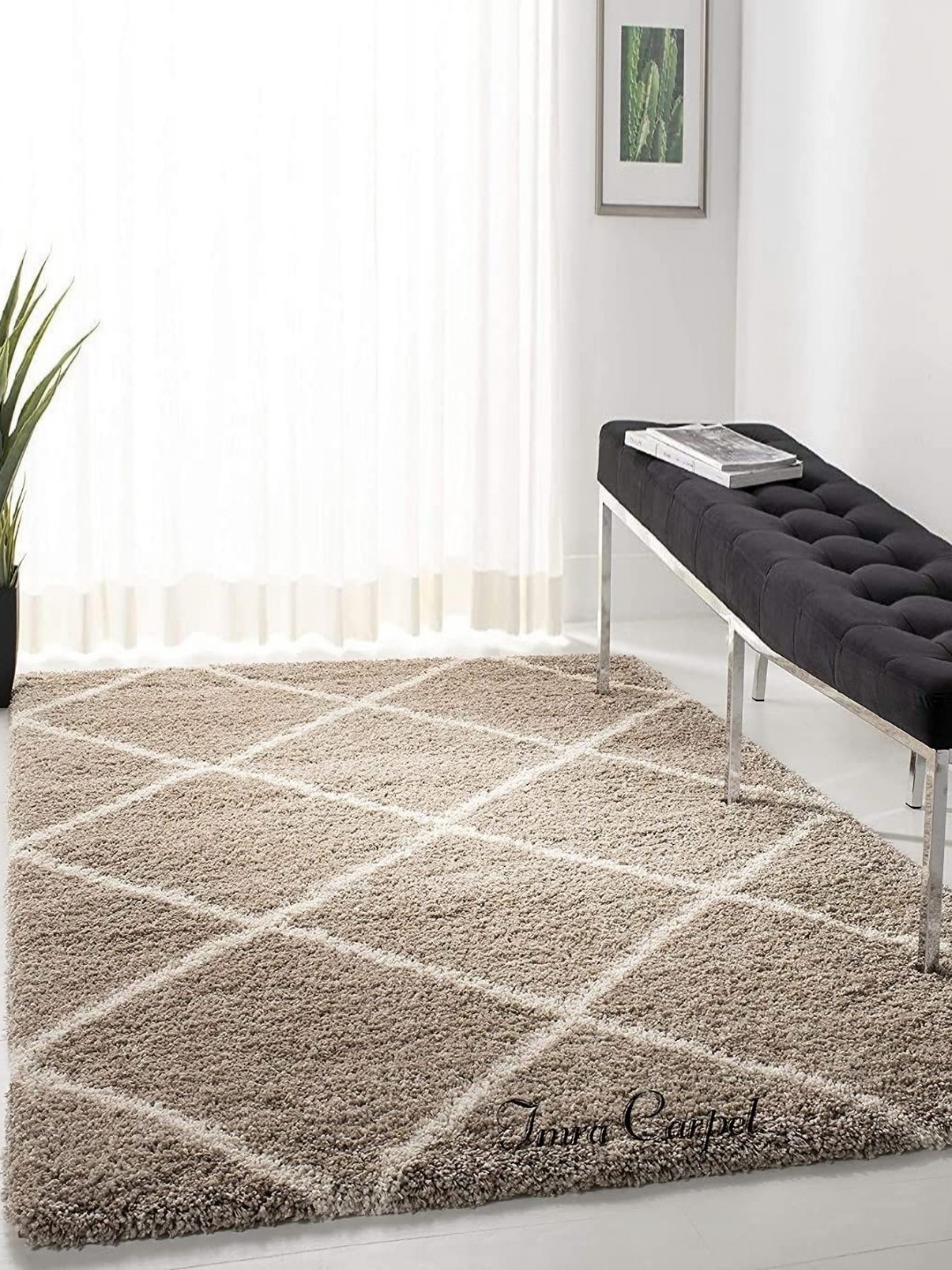 

IMRA CARPET Beige & White Geometric Shaggy Carpet