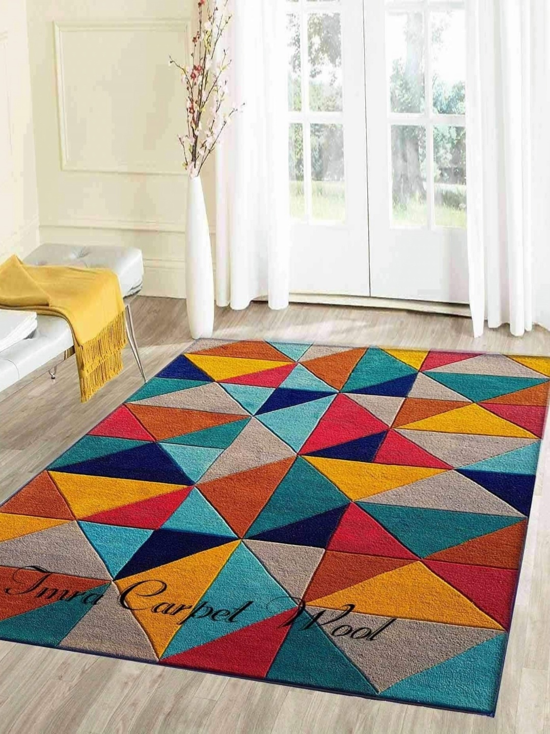 

IMRA CARPET Grey & Yellow Geometric Woollen Rectangular Shaggy Carpet