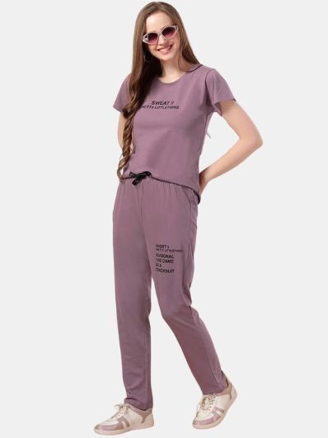 

Fasense Printed Round Neck Pure Cotton T-Shirt With Trousers, Purple