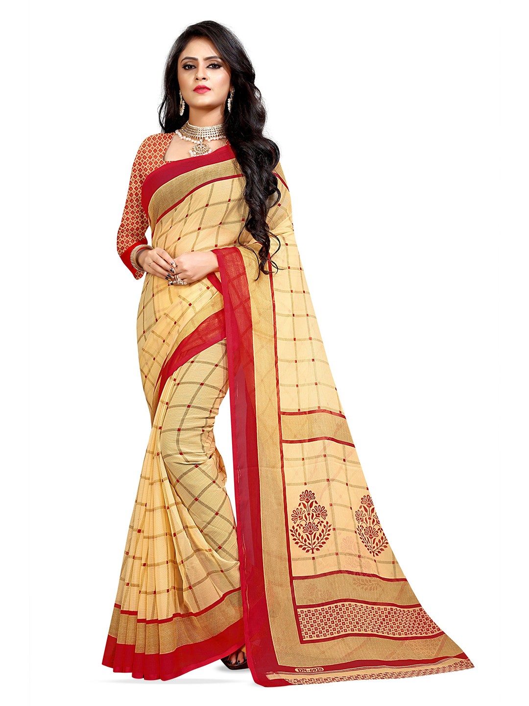

RUNAYA NX Women Checked Pure Georgette Saree, Cream