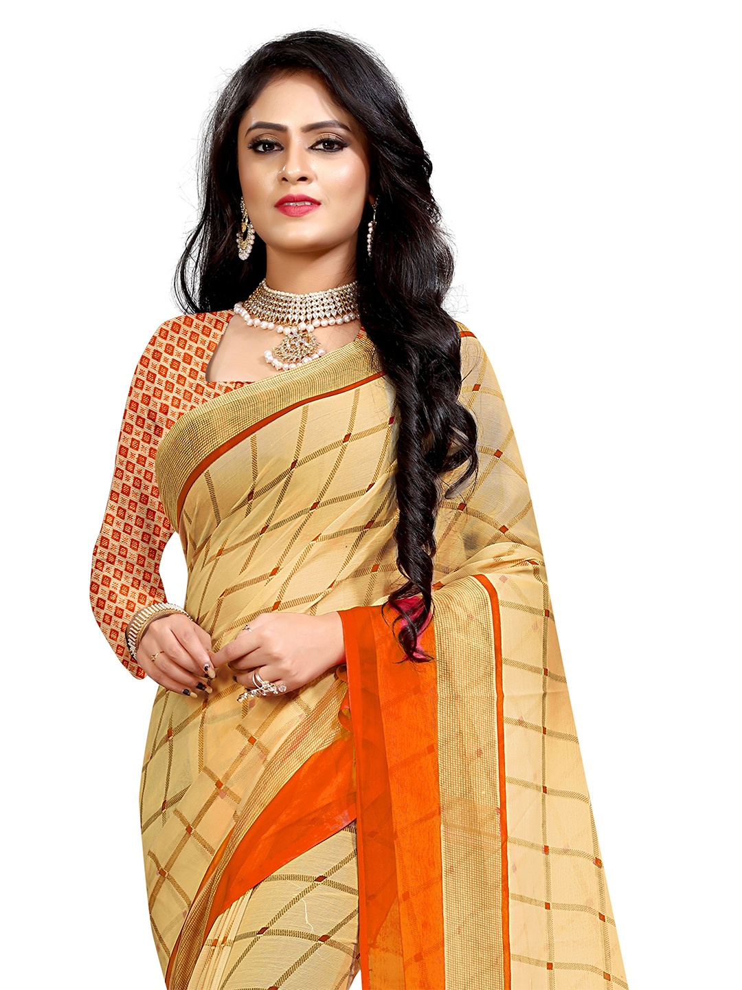 

RUNAYA NX Checked Pure Georgette Saree, Beige