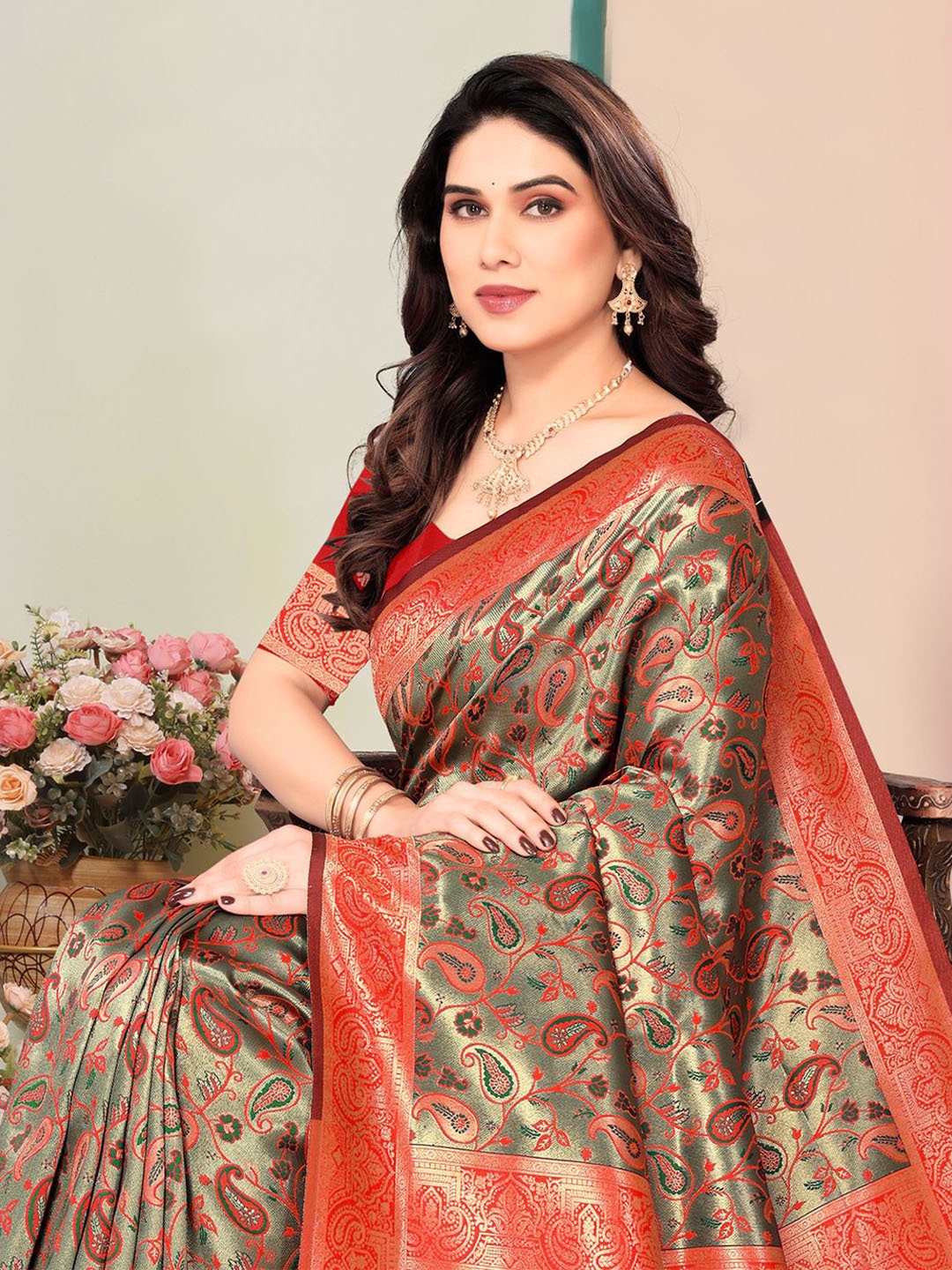 

Om Shantam Sarees Woven Design Zari Kanjeevaram Saree, Olive