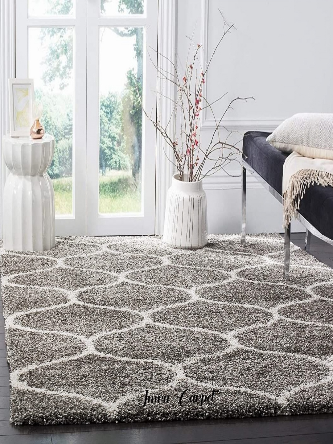 

IMRA CARPET Silver-Toned White Geometric Printed Shaggy Carpet