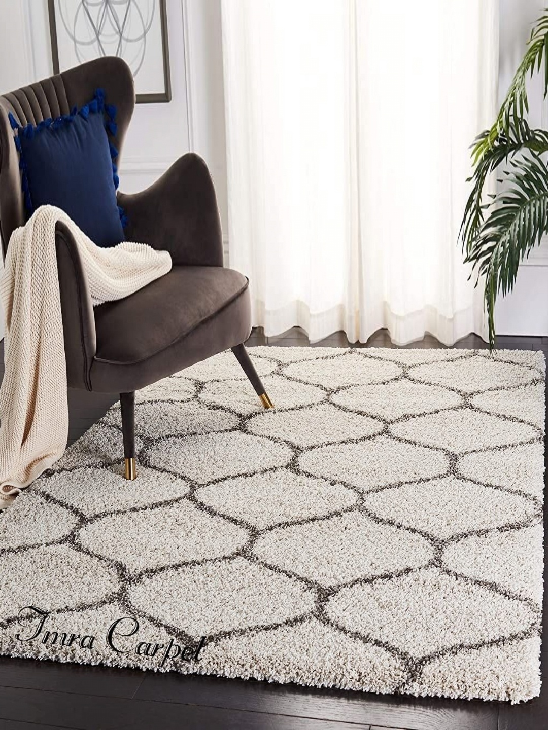

IMRA CARPET Grey & White Geometric Anti Skid Rectangular Shaggy Carpet