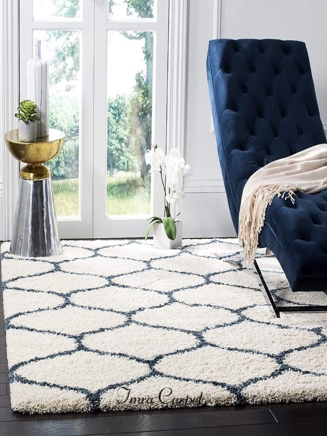 

IMRA CARPET White & Blue Geometric Printed Shaggy Carpet