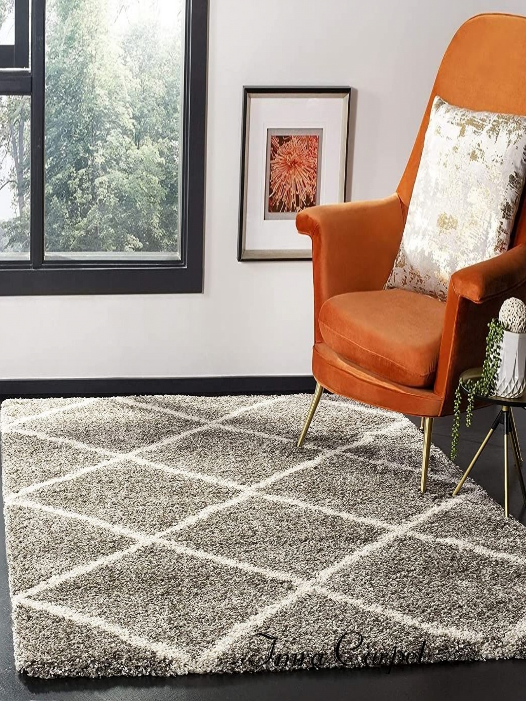 

IMRA CARPET Grey & Cream Geometric Rectangular Shaggy Carpet