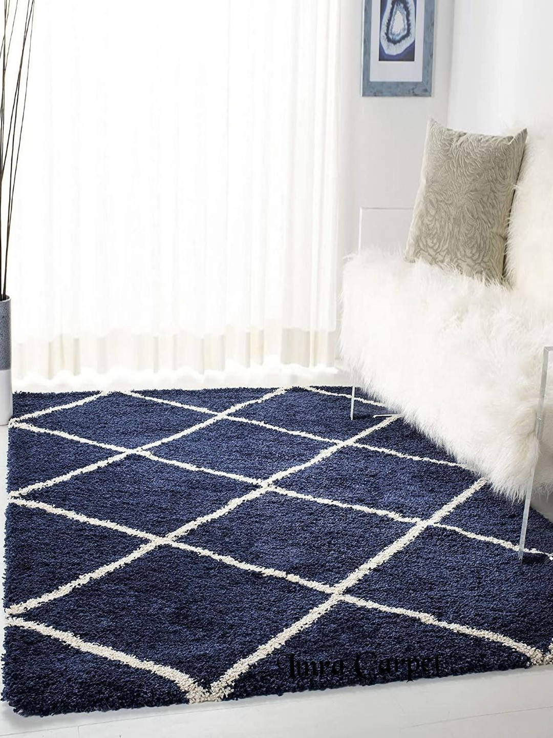 

IMRA CARPET Blue Geometric Printed Shaggy Carpet