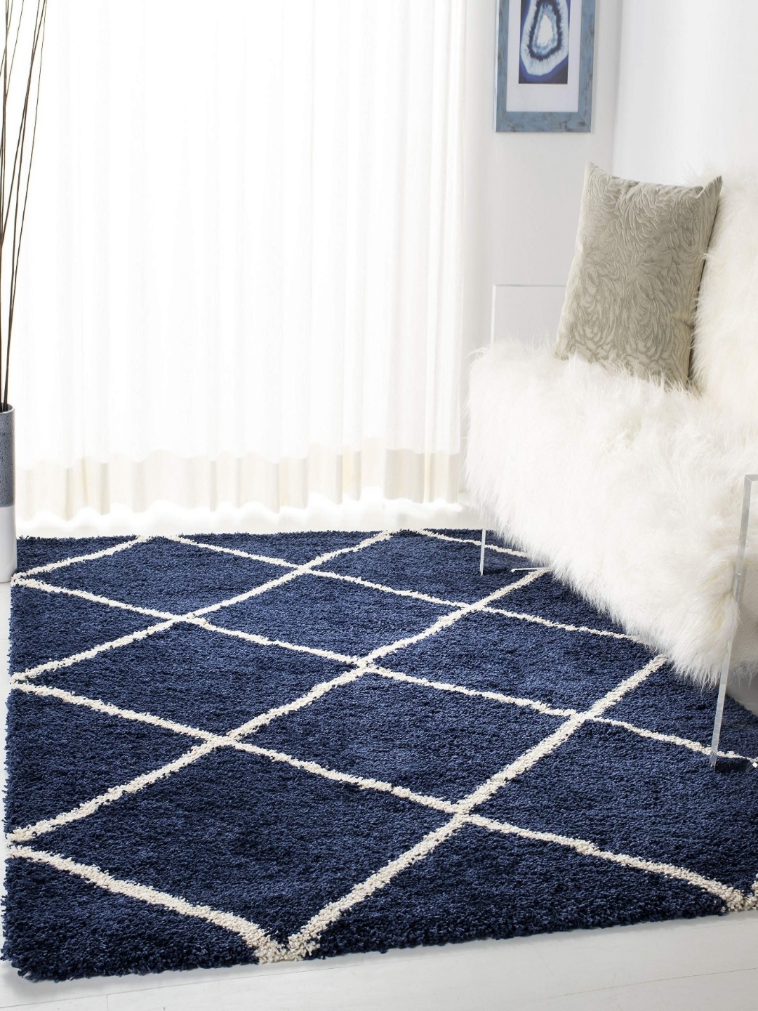 

IMRA CARPET Blue & White Geometric Rectangular Shaggy Carpet