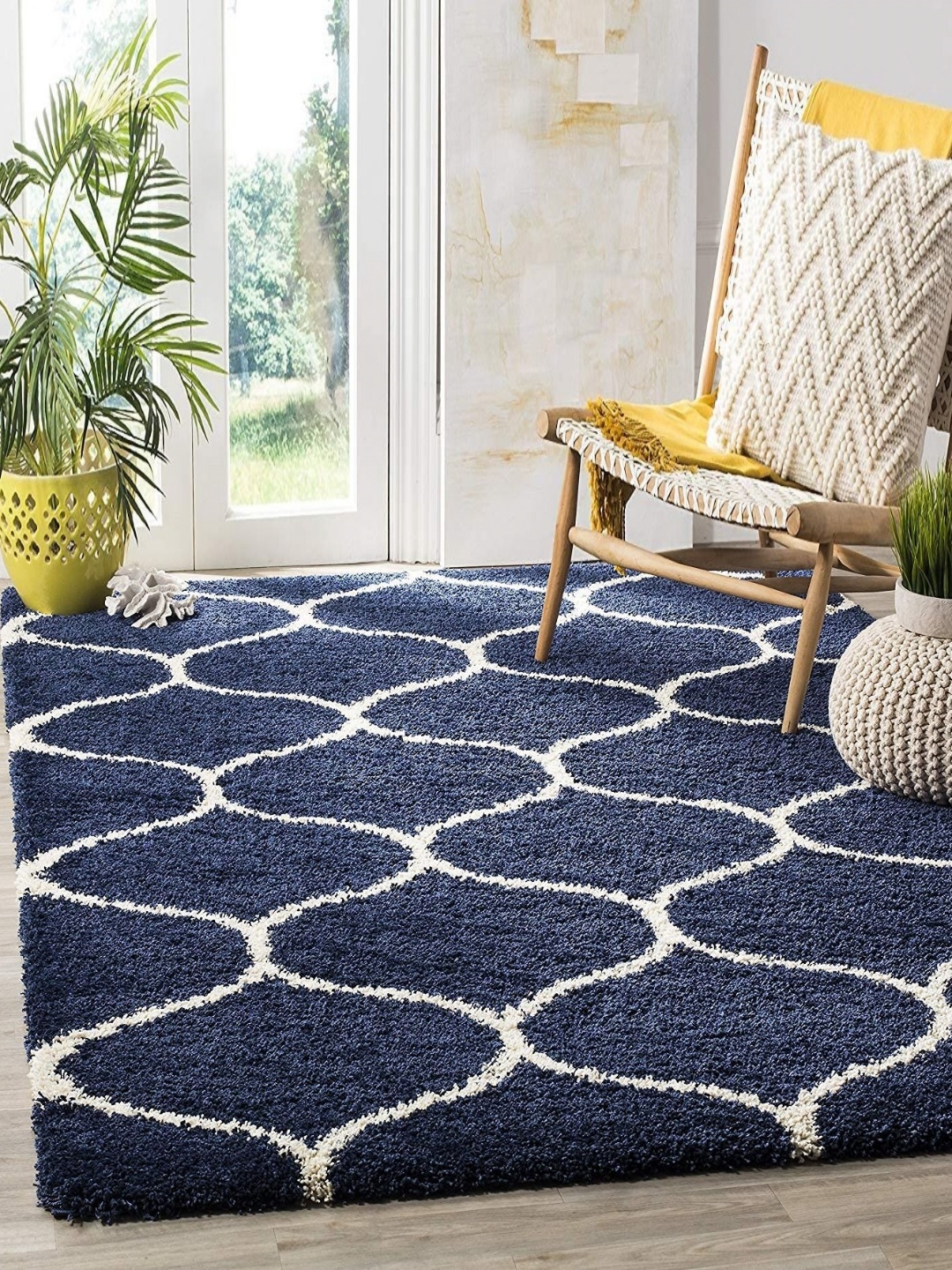 

IMRA CARPET Navy Blue & White Geometric Shaggy Carpet