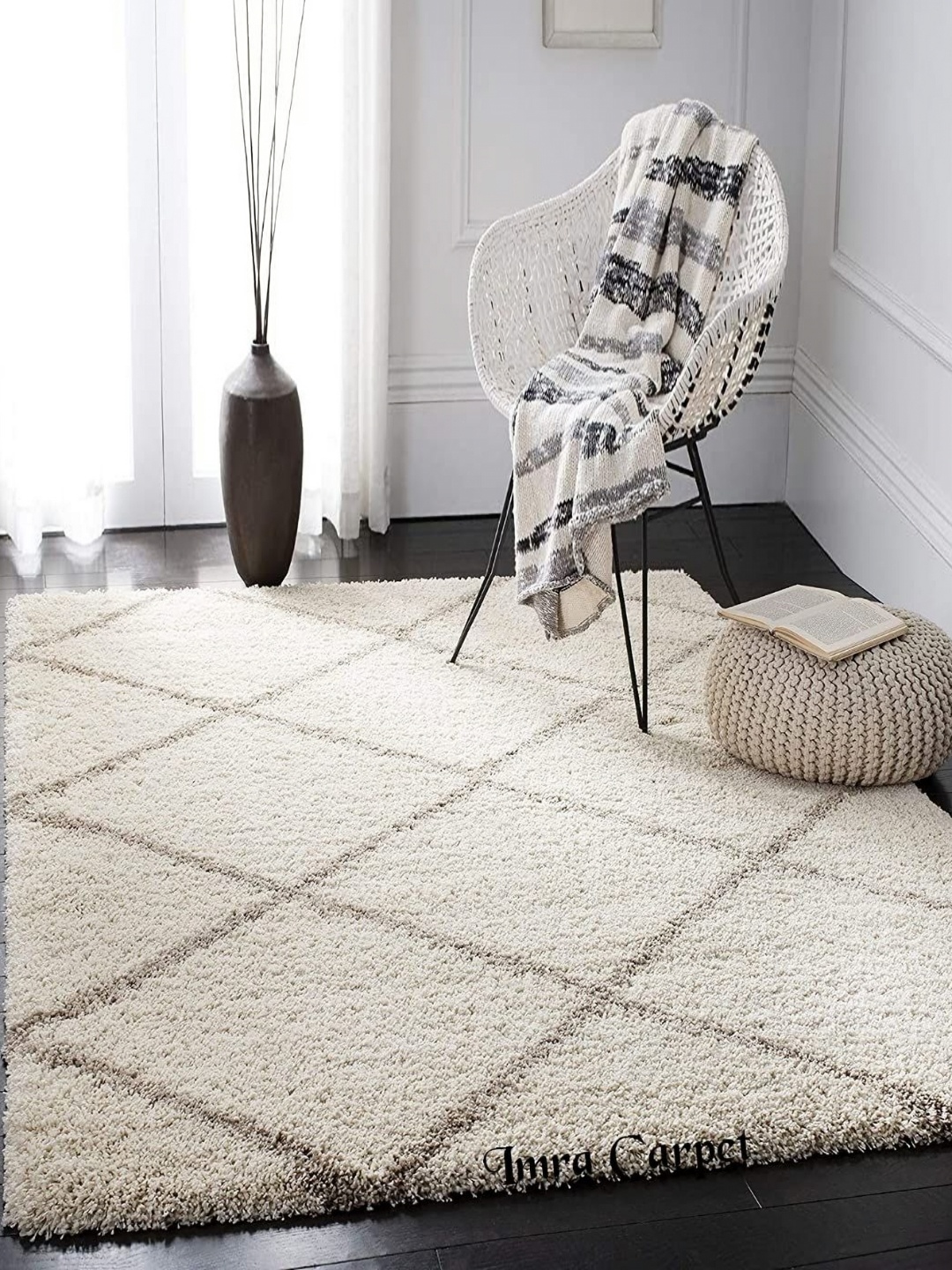 

IMRA CARPET Cream-Coloured & Grey Printed Shaggy Carpet