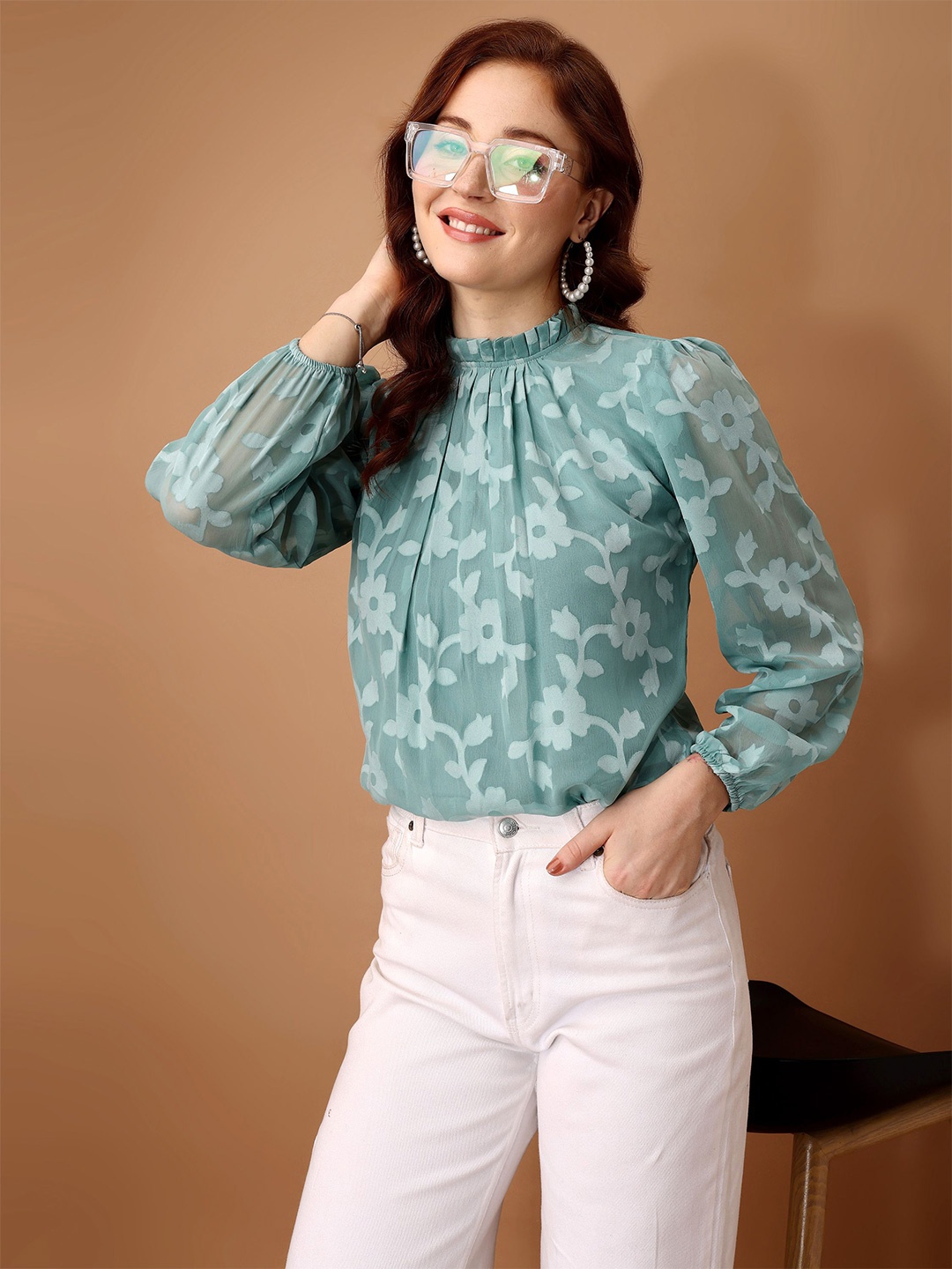 

Fashfun Floral Print Puff Sleeve Georgette Blouson Top, Green