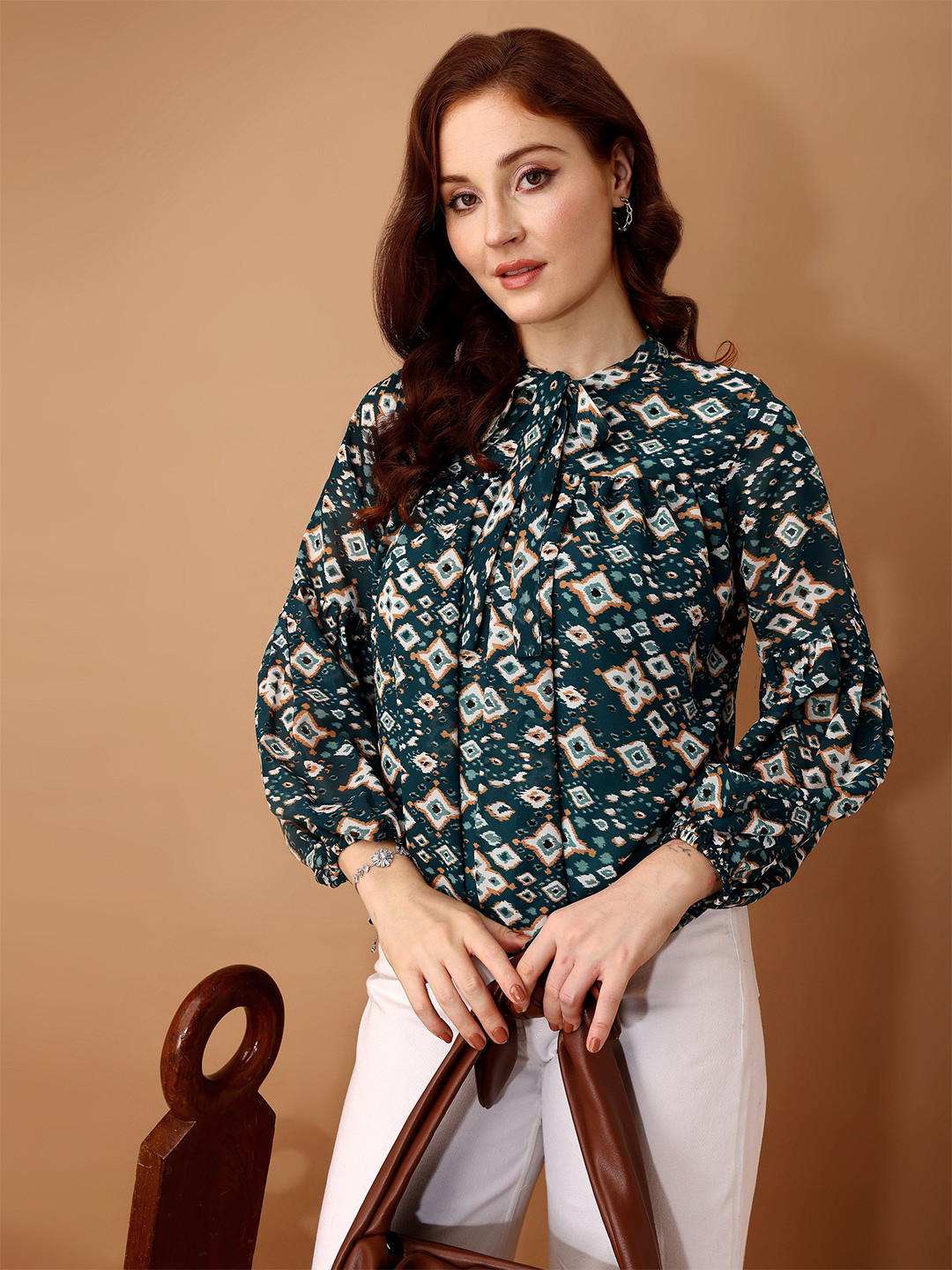 

Fashfun Floral Print Mandarin Collar Georgette Blouson Top, Multi
