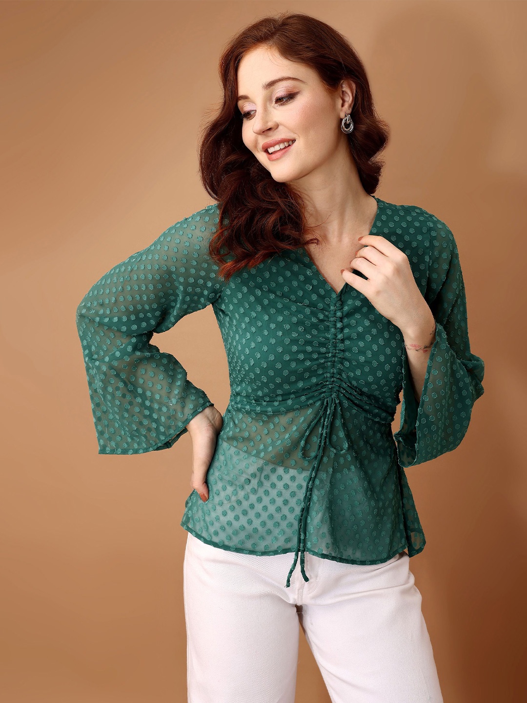

Fashfun Women Polka Dot Print Bell Sleeve Georgette Cinched Waist Top, Green