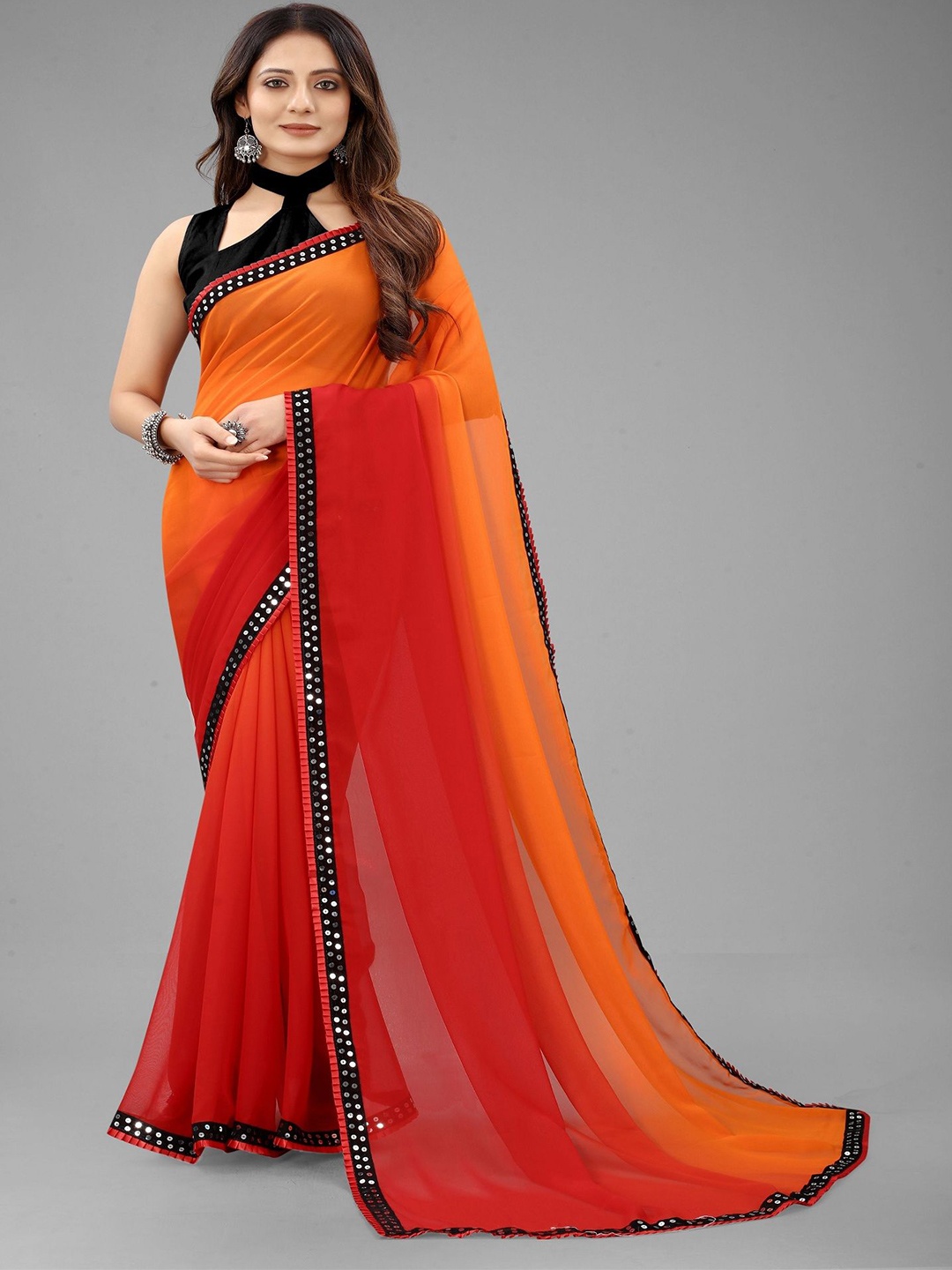 

JULEE Colourblocked Embroidered Pure Georgette Saree, Red