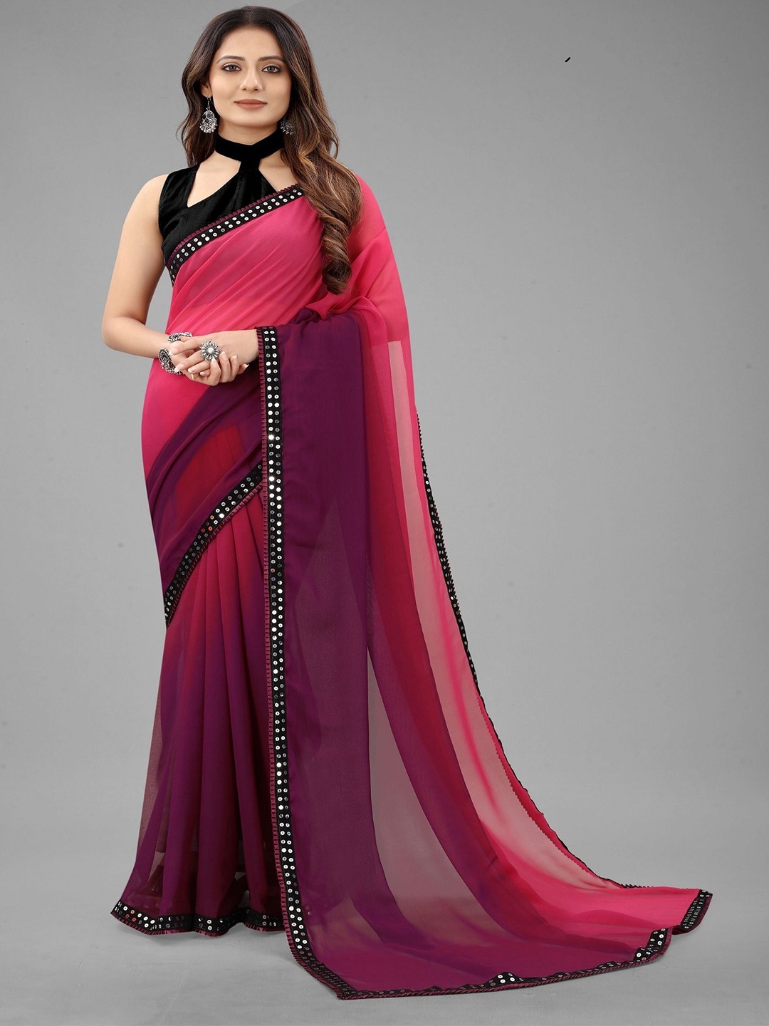 

JULEE Ombre Mirror Work Pure Georgette Saree, Purple