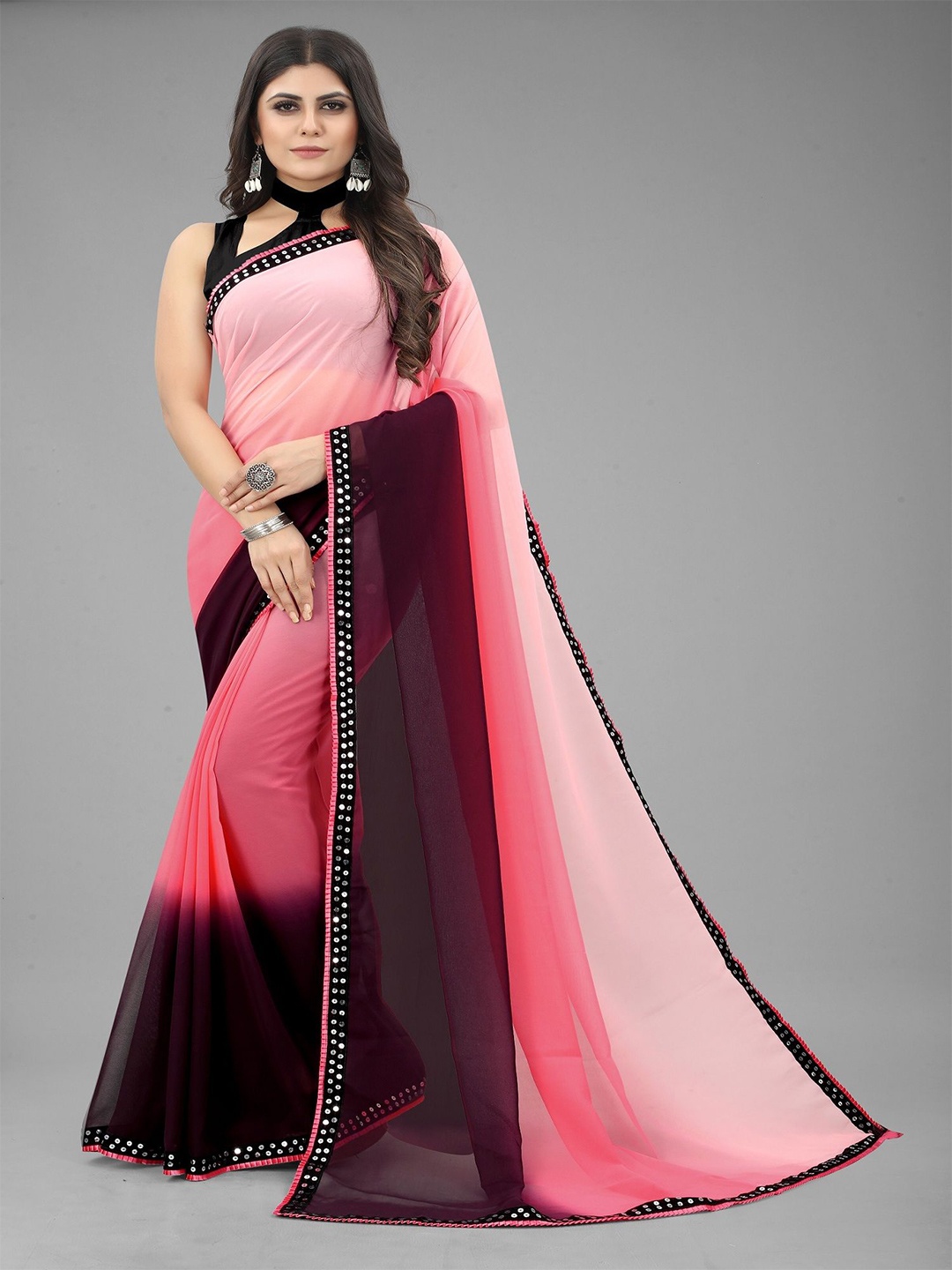 

JULEE Ombre Sequinned Pure Georgette Saree, Pink