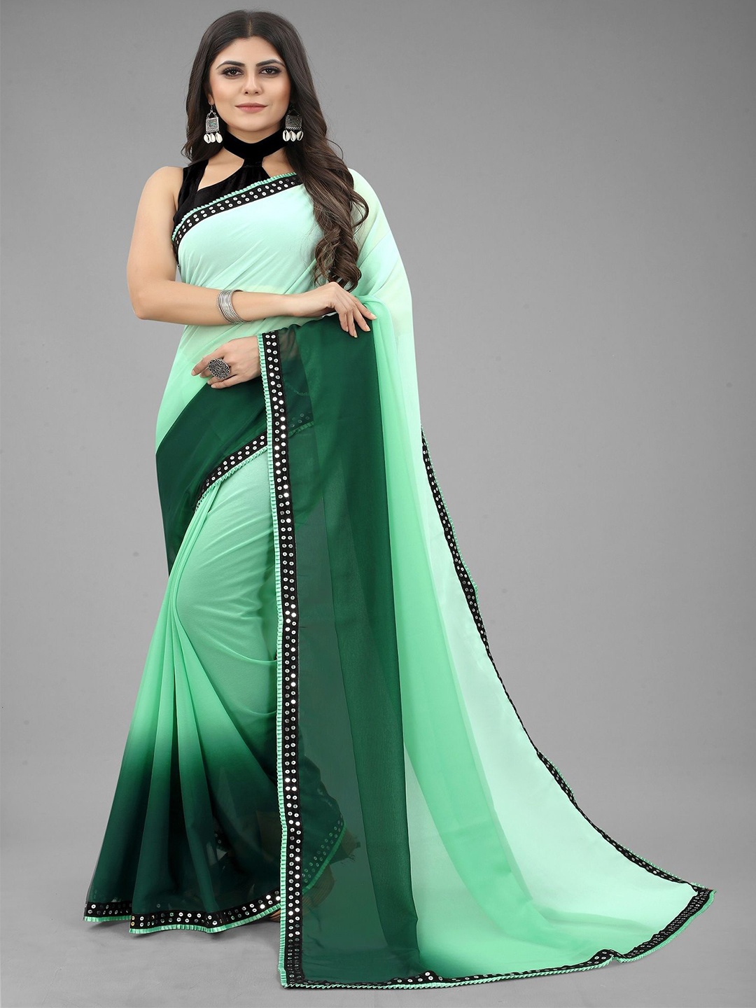 

JULEE Ombre Sequinned Pure Georgette Saree, Green