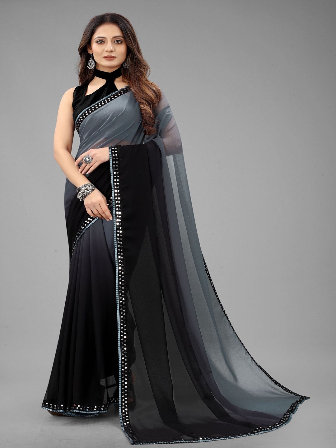 

JULEE Ombre Sequinned Pure Georgette Saree, Grey
