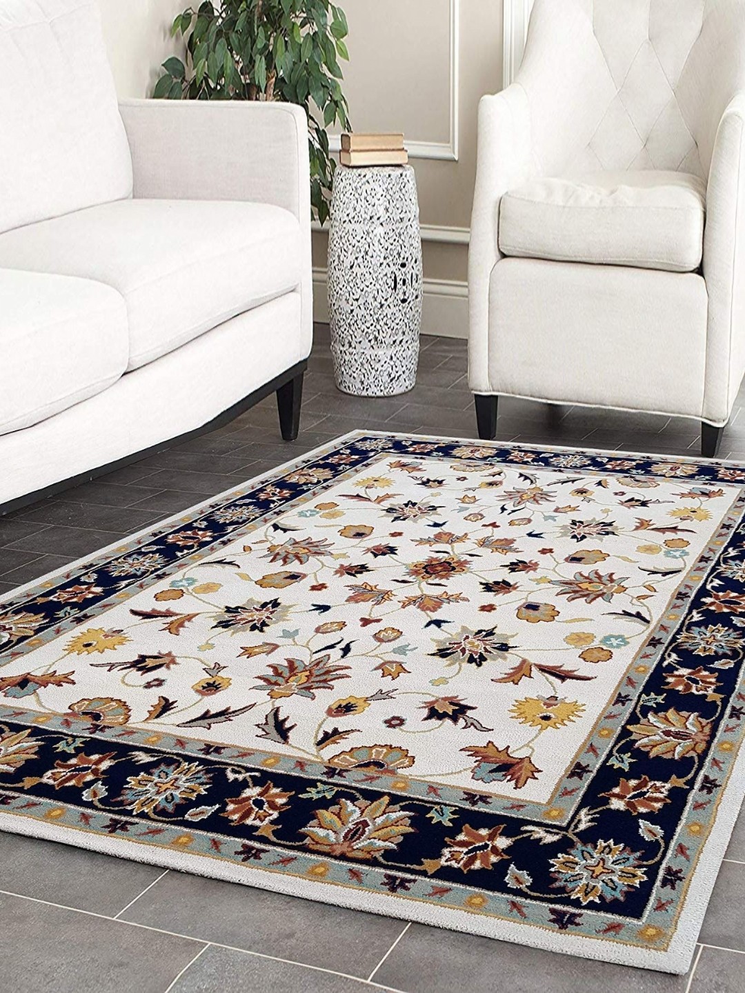 

IMRA CARPET Turquoise Blue & White Floral Shaggy Rectangle Woollen Carpet