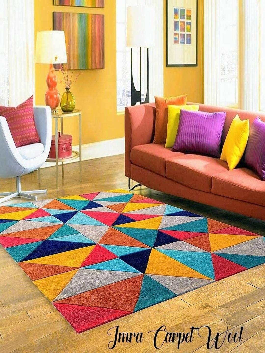 

IMRA CARPET Yellow & Grey Geometric Shaggy Rectangle Woollen Carpet