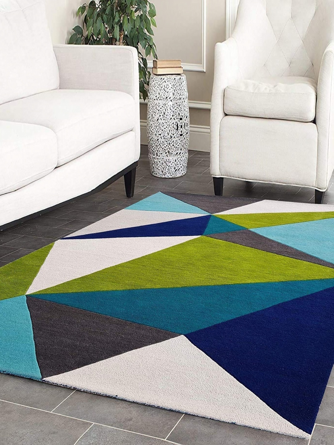 

IMRA CARPET Green & White Geometric Woollen Rectangular Shaggy Carpet