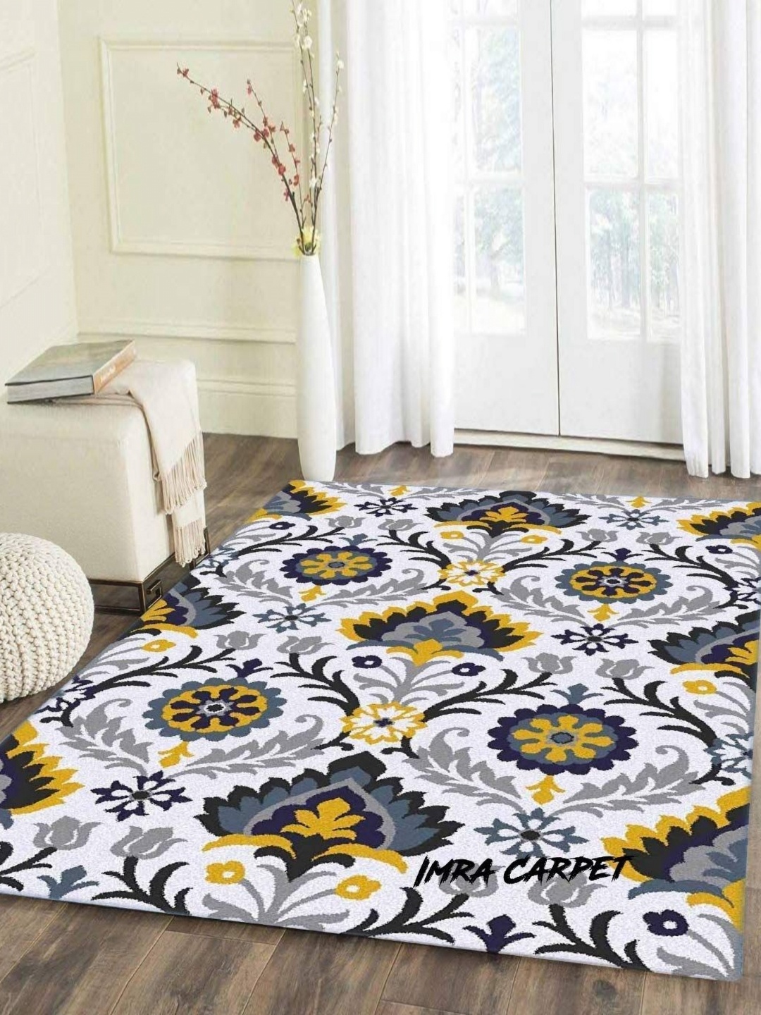 

IMRA CARPET White & Grey Ethnic Motifs Printed Rectangular Shaggy Carpet