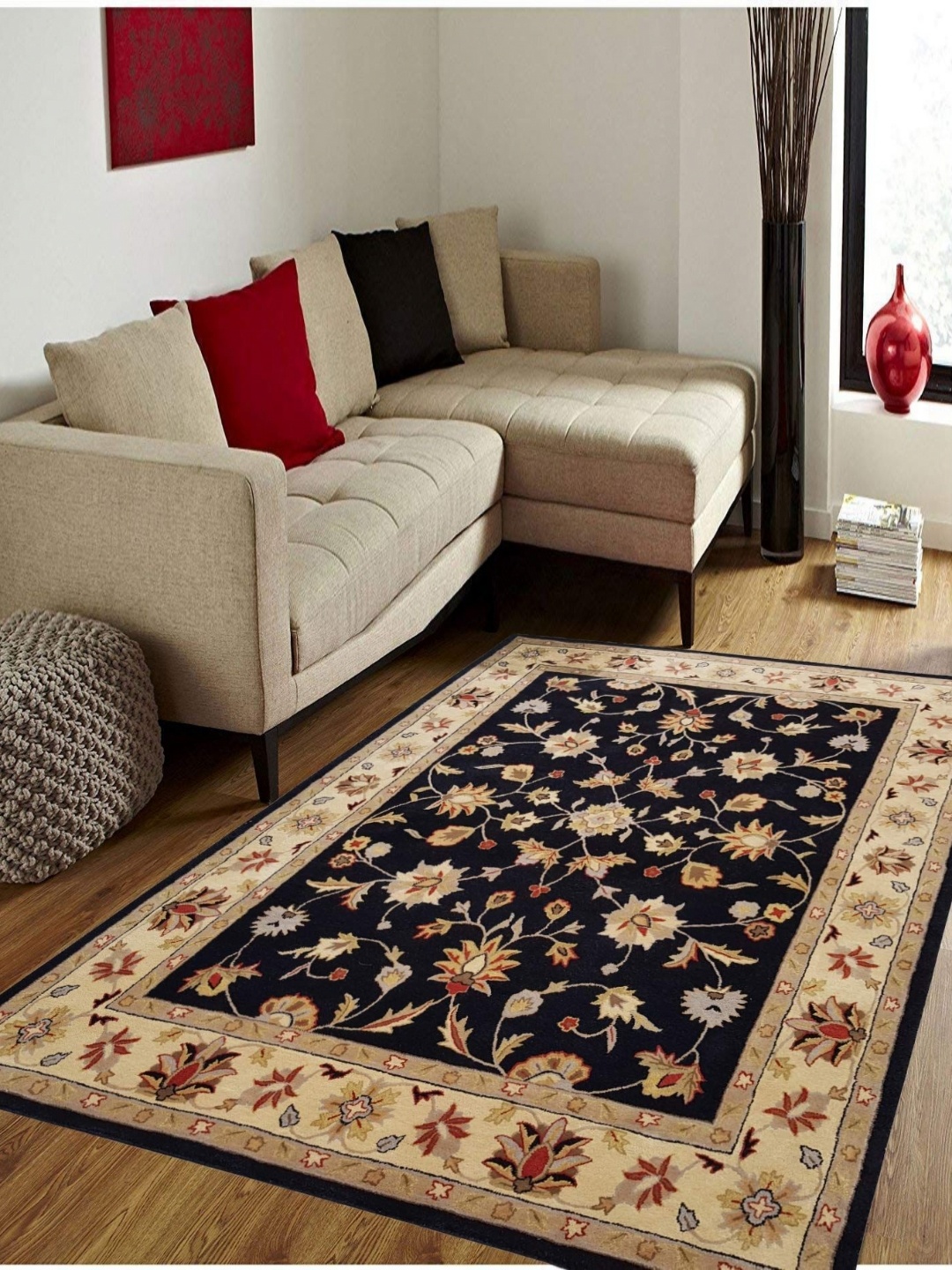 

IMRA CARPET Black & Cream coloured Floral Woollen Carpet