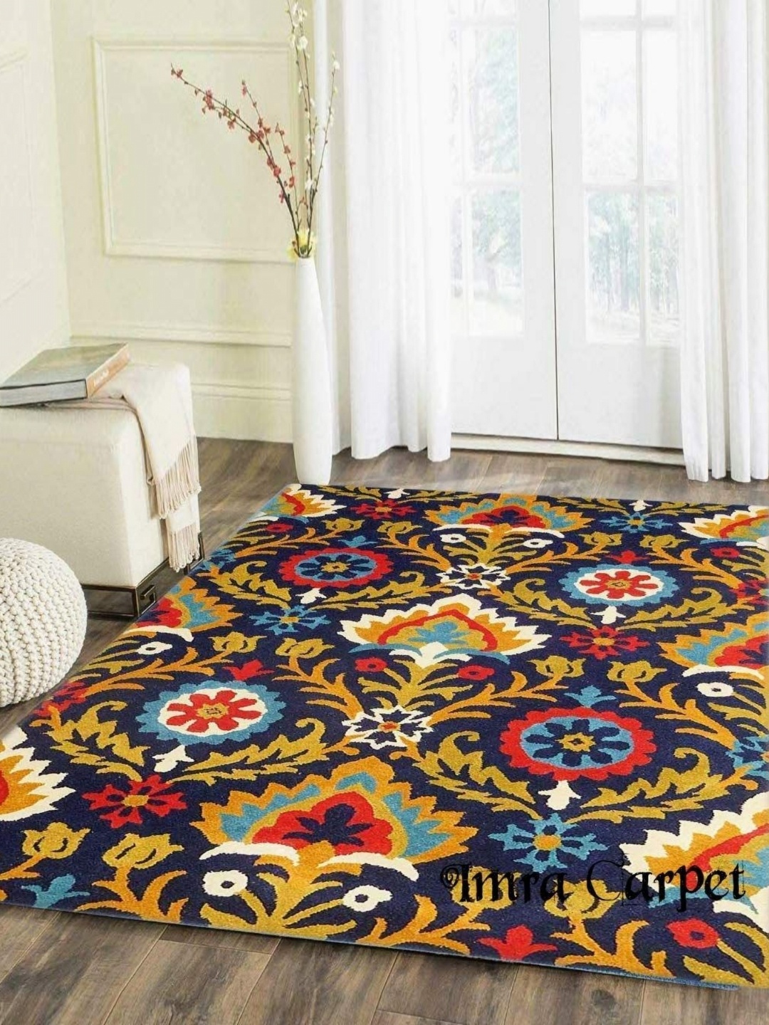 

IMRA CARPET Blue & Yellow Floral Rectangular Shaggy Carpet