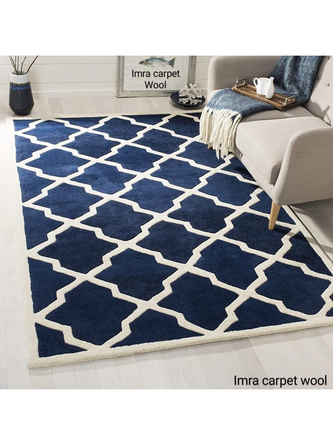 

IMRA CARPET Blue & White Geometric Woollen Rectangular Shaggy Carpet