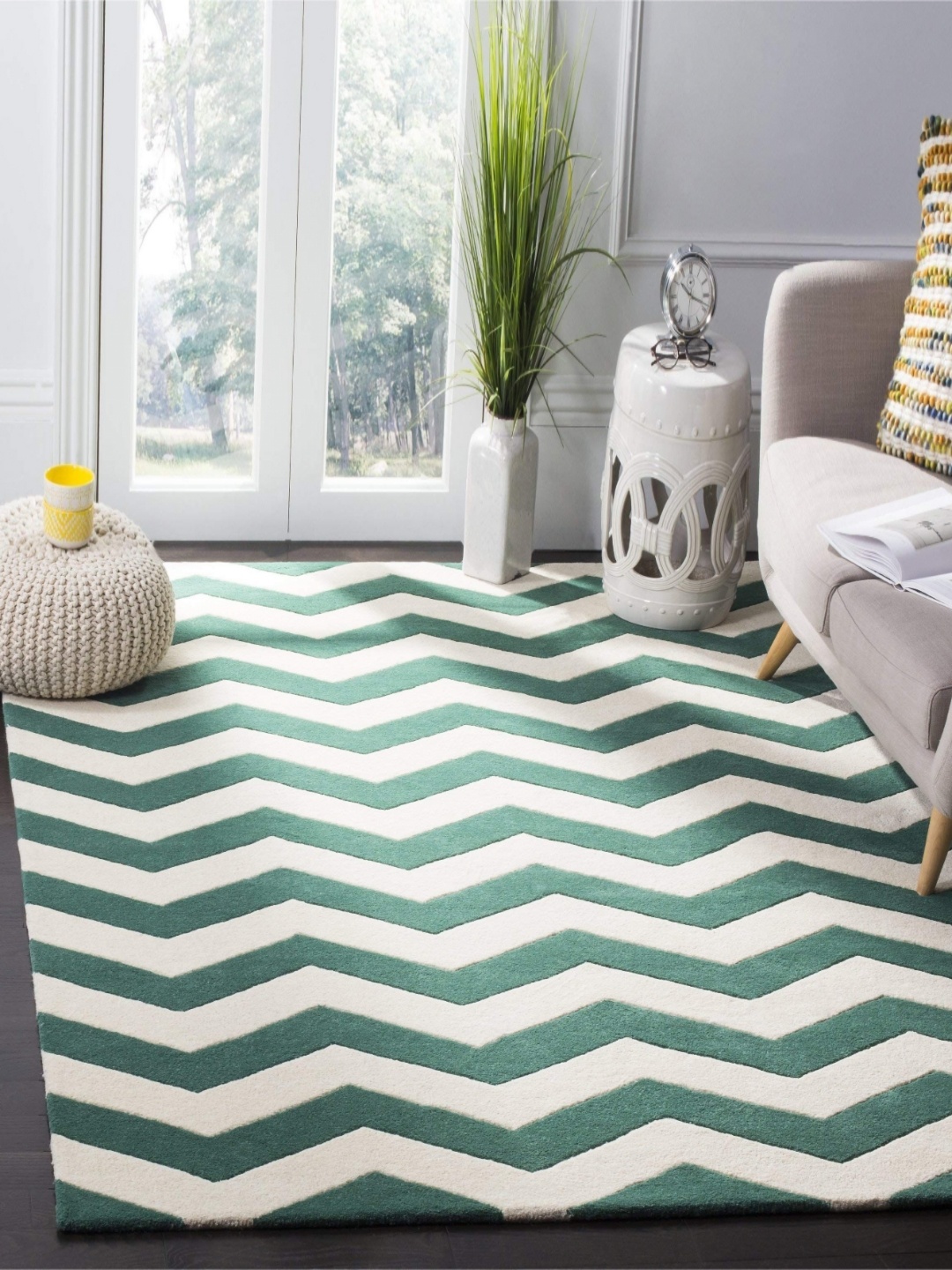 

IMRA CARPET Teal Green & Off White Geometric Shaggy Carpet