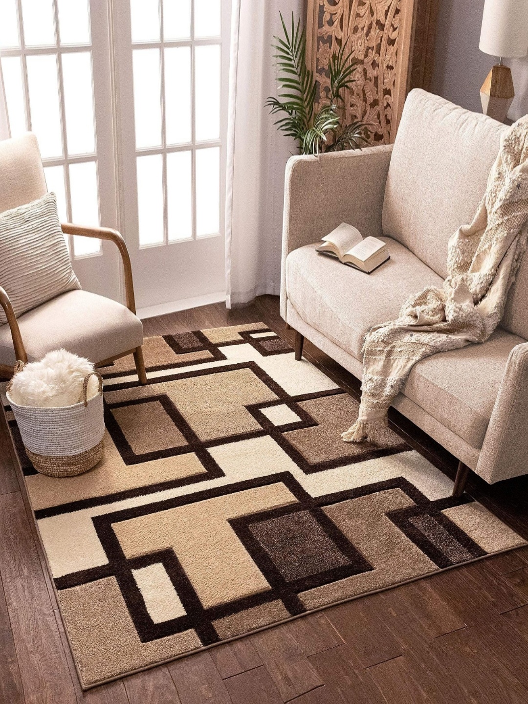 

IMRA CARPET Cream-Coloured & Brown Geometric Printed Woollen Carpet