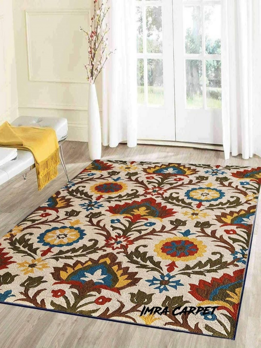 

IMRA CARPET Beige & Red Ethnic Motifs Rectangular Shaggy Carpet