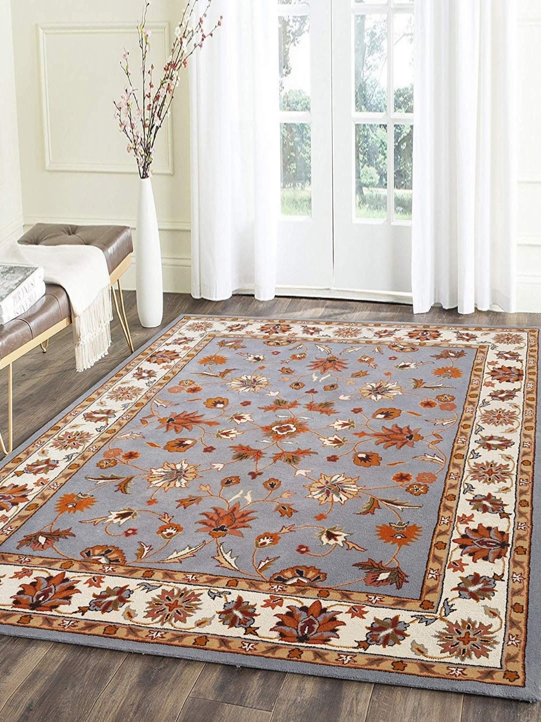 

IMRA CARPET Grey & White Floral Printed Woollen Carpet