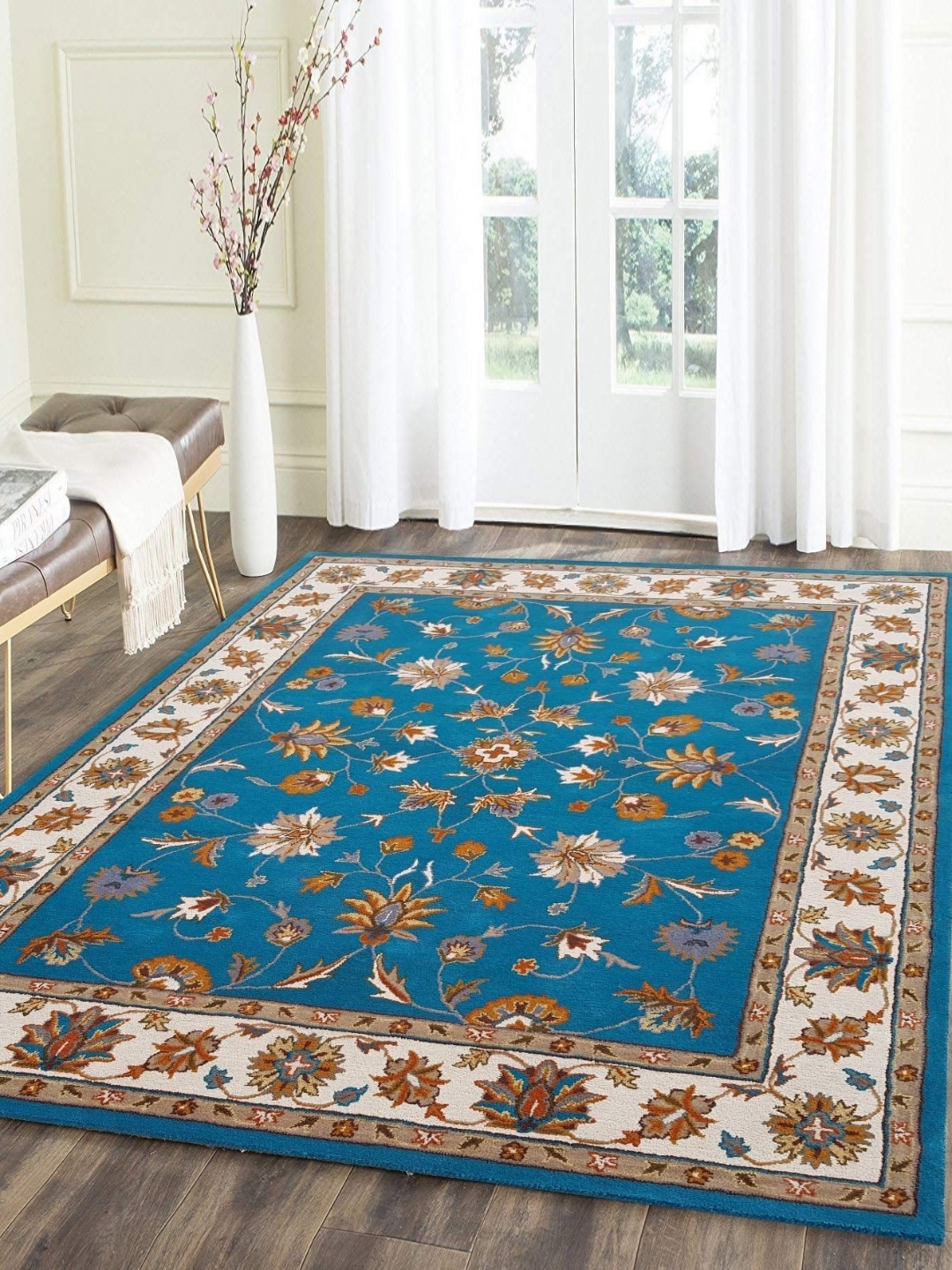 

IMRA CARPET Turquoise Blue & Ceam Coloured Floral Printed Woollen Shaggy Carpet