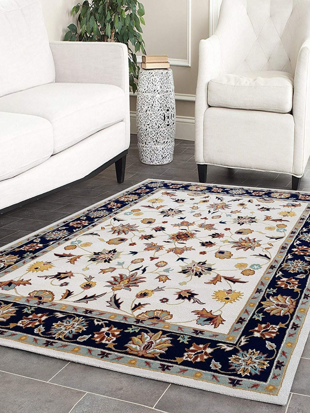 

IMRA CARPET Cream-Coloured & Black Ethnic Motifs Printed Woollen Shaggy Carpet
