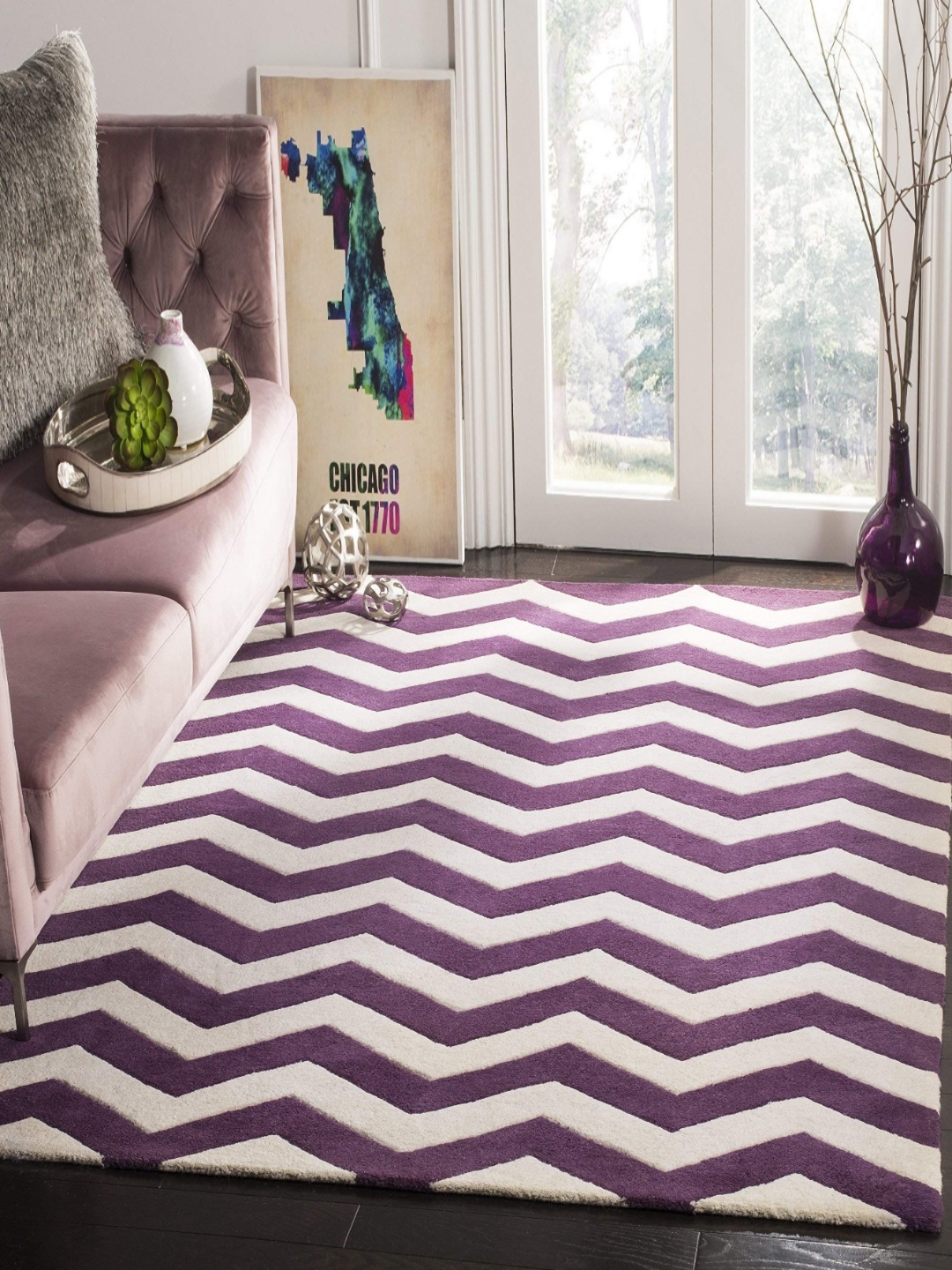 

IMRA CARPET Purple & White Striped Woollen Rectangular Shaggy Carpet