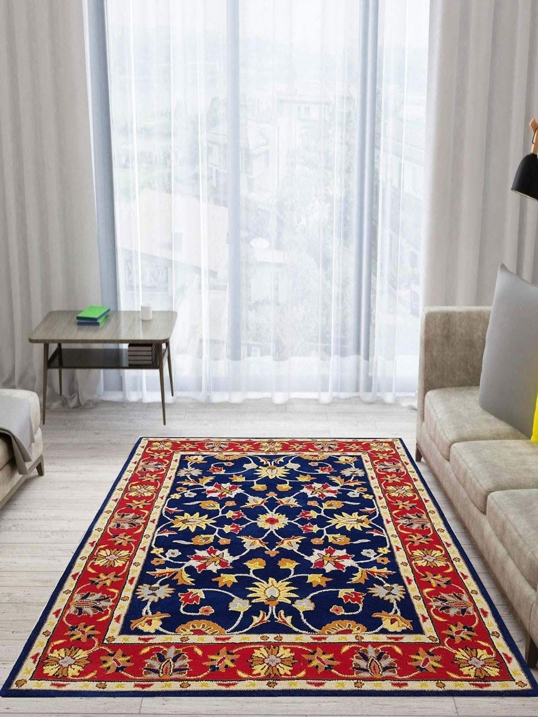 

IMRA CARPET Blue & Red Floral Woollen Rectangle Carpet