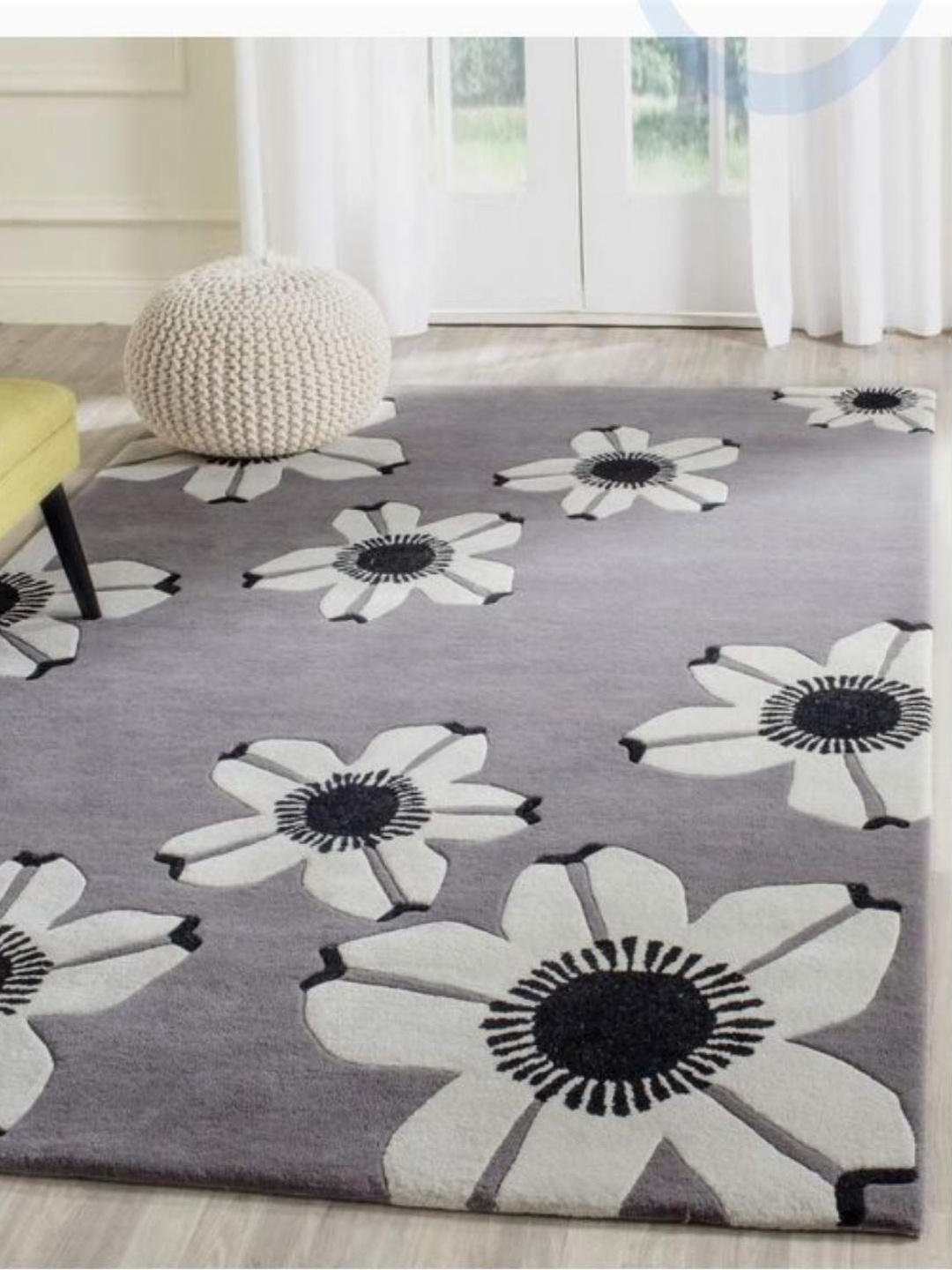 

IMRA CARPET Grey & White Floral Anti-Skid Shaggy Carpet