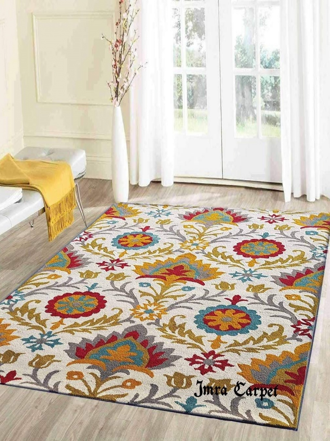 

IMRA CARPET White & Red Ethnic Motifs Shaggy Carpet