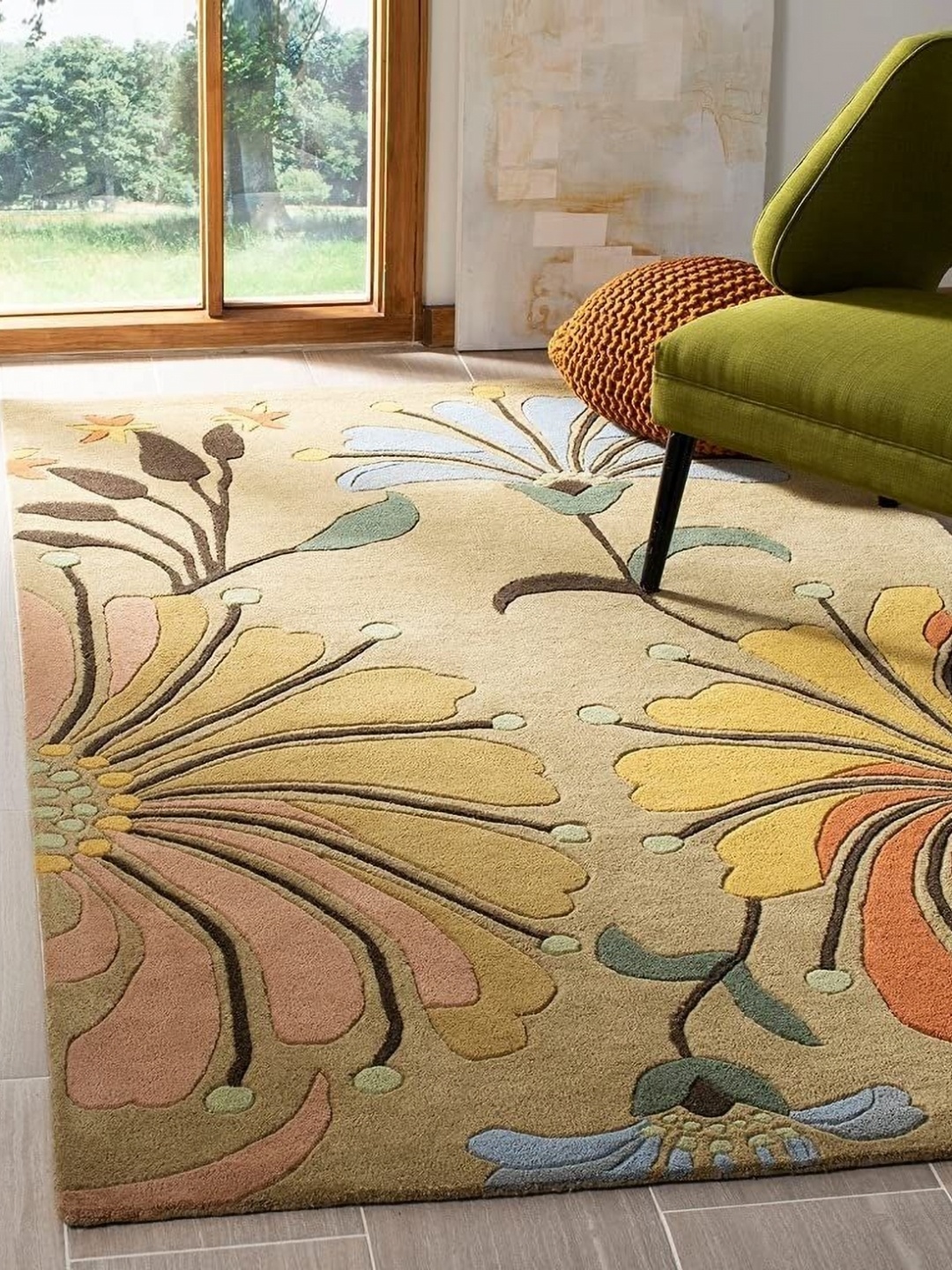 

IMRA CARPET Beige & Green Floral Anti-Skid Woollen Shaggy Carpet