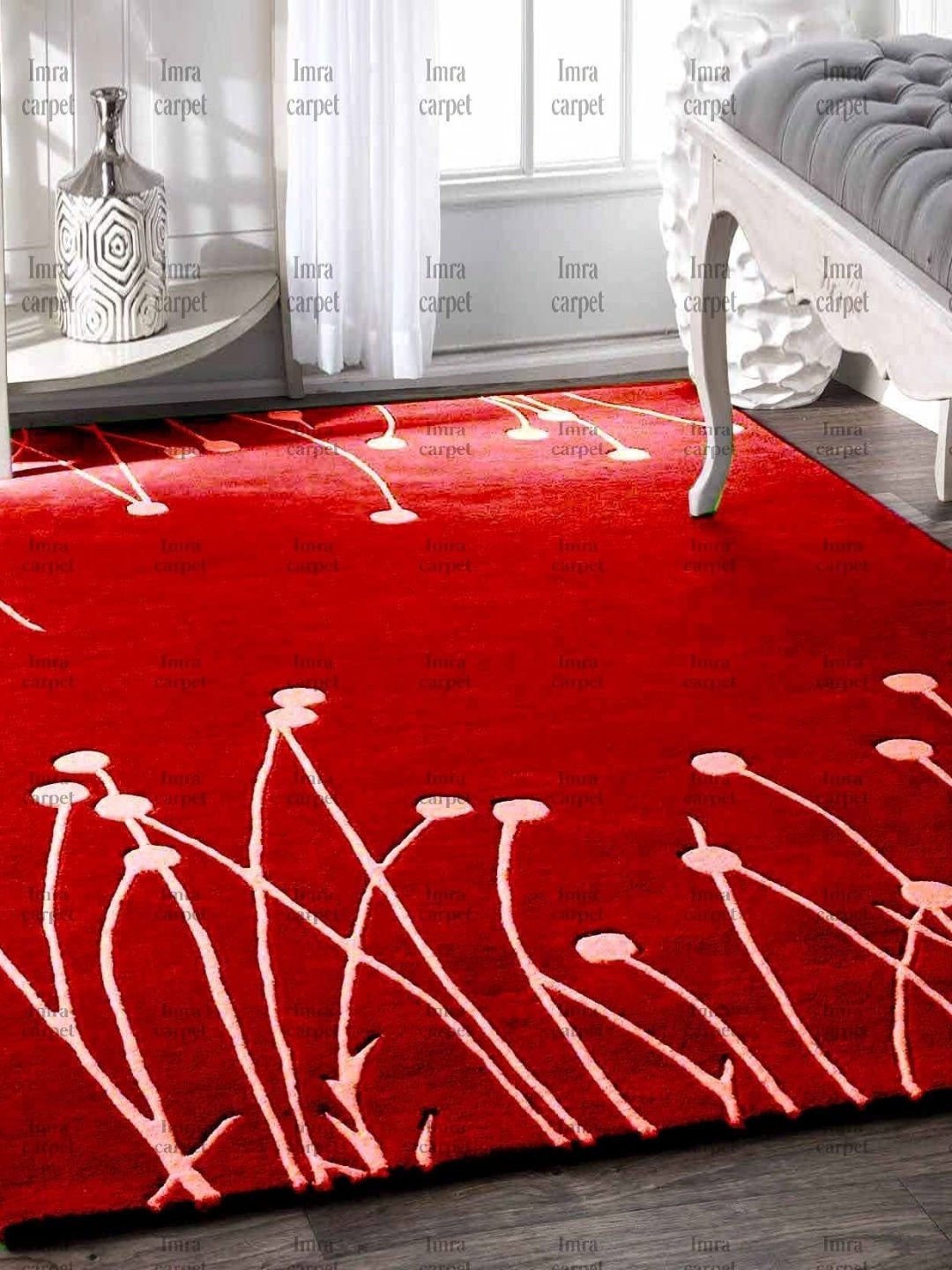 

IMRA CARPET Red & White Floral Woollen Shaggy Carpet