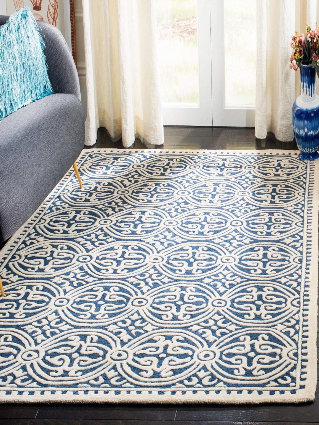 

IMRA CARPET Navy Blue & White Floral Anti-Skid Shaggy Carpet