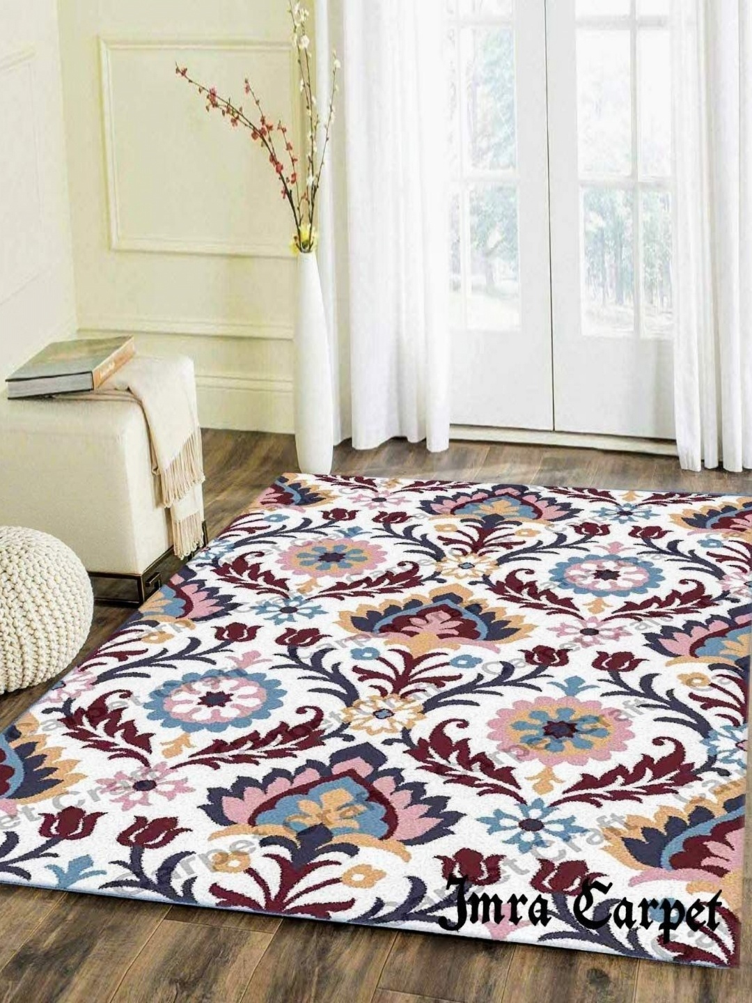 

IMRA CARPET White & Blue Floral Shaggy Carpet