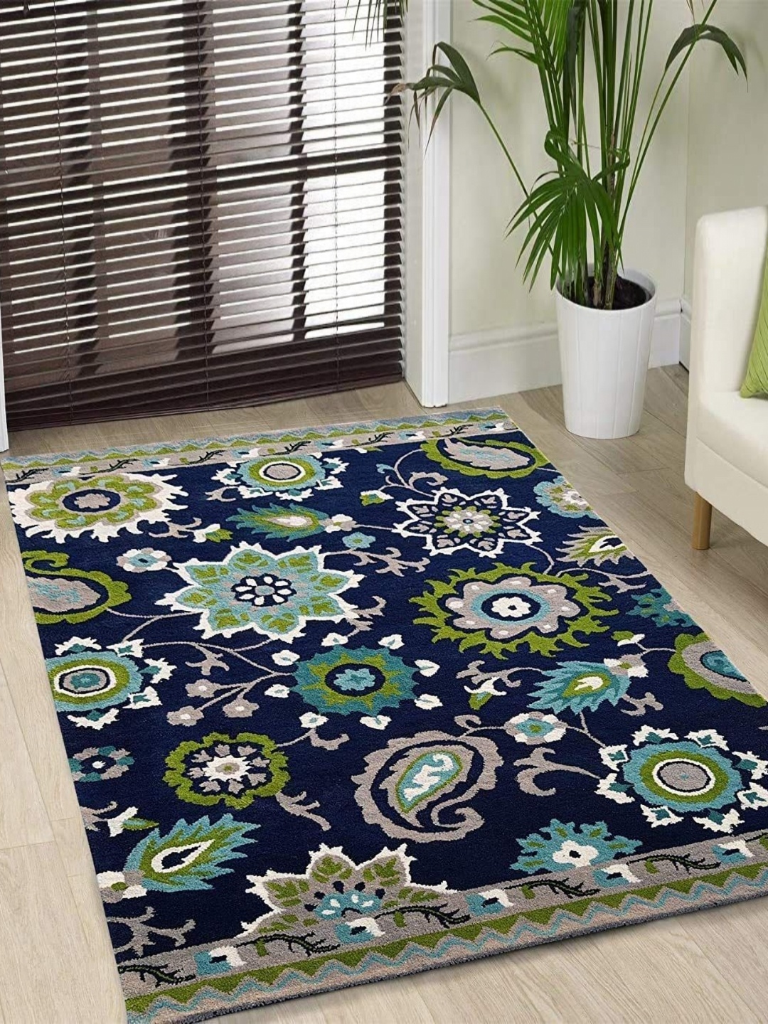 

IMRA CARPET Blue & Green Floral Rectangular Shaggy Carpet