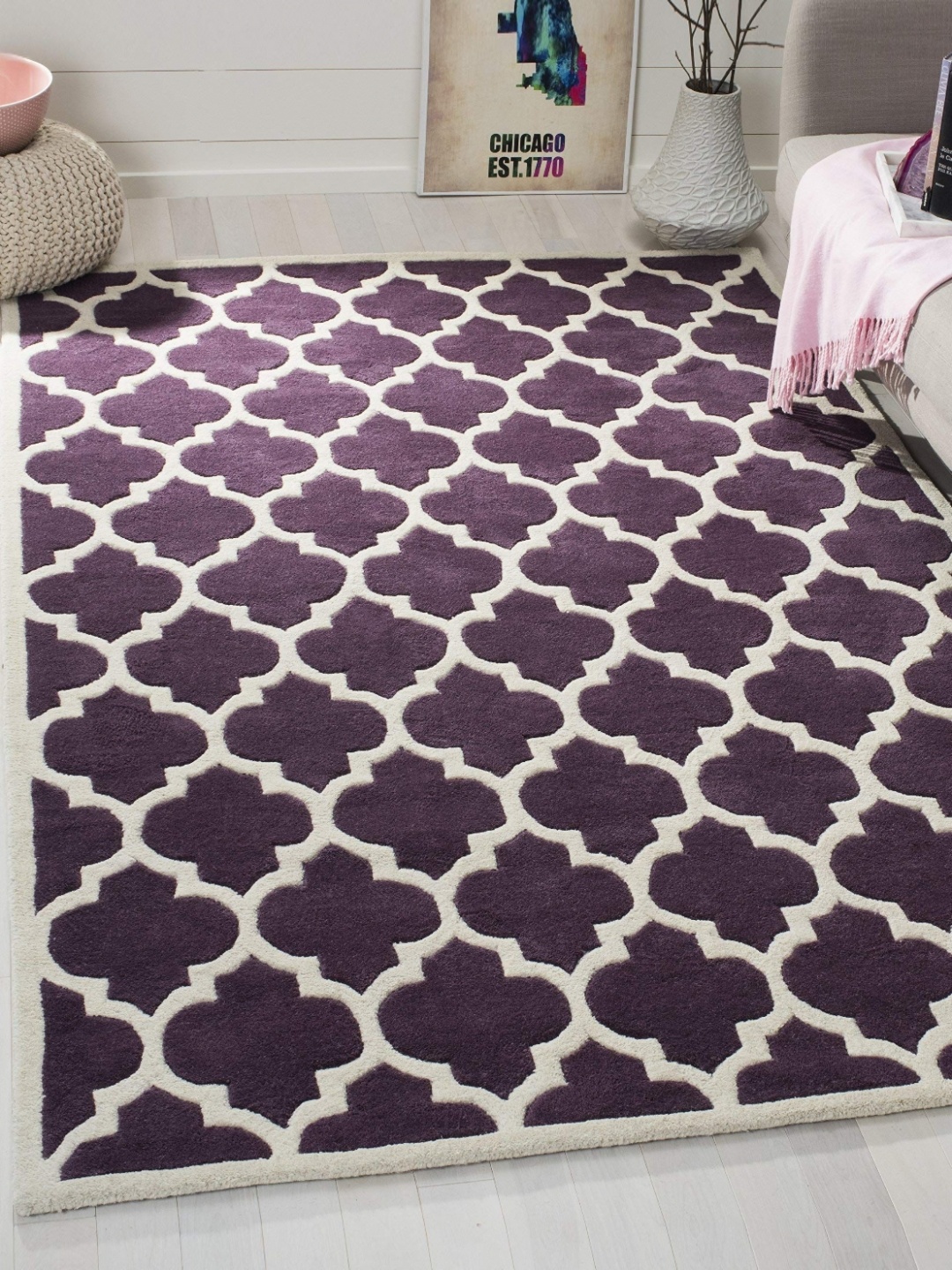 

IMRA CARPET Purple & White Geometric Shaggy Carpet