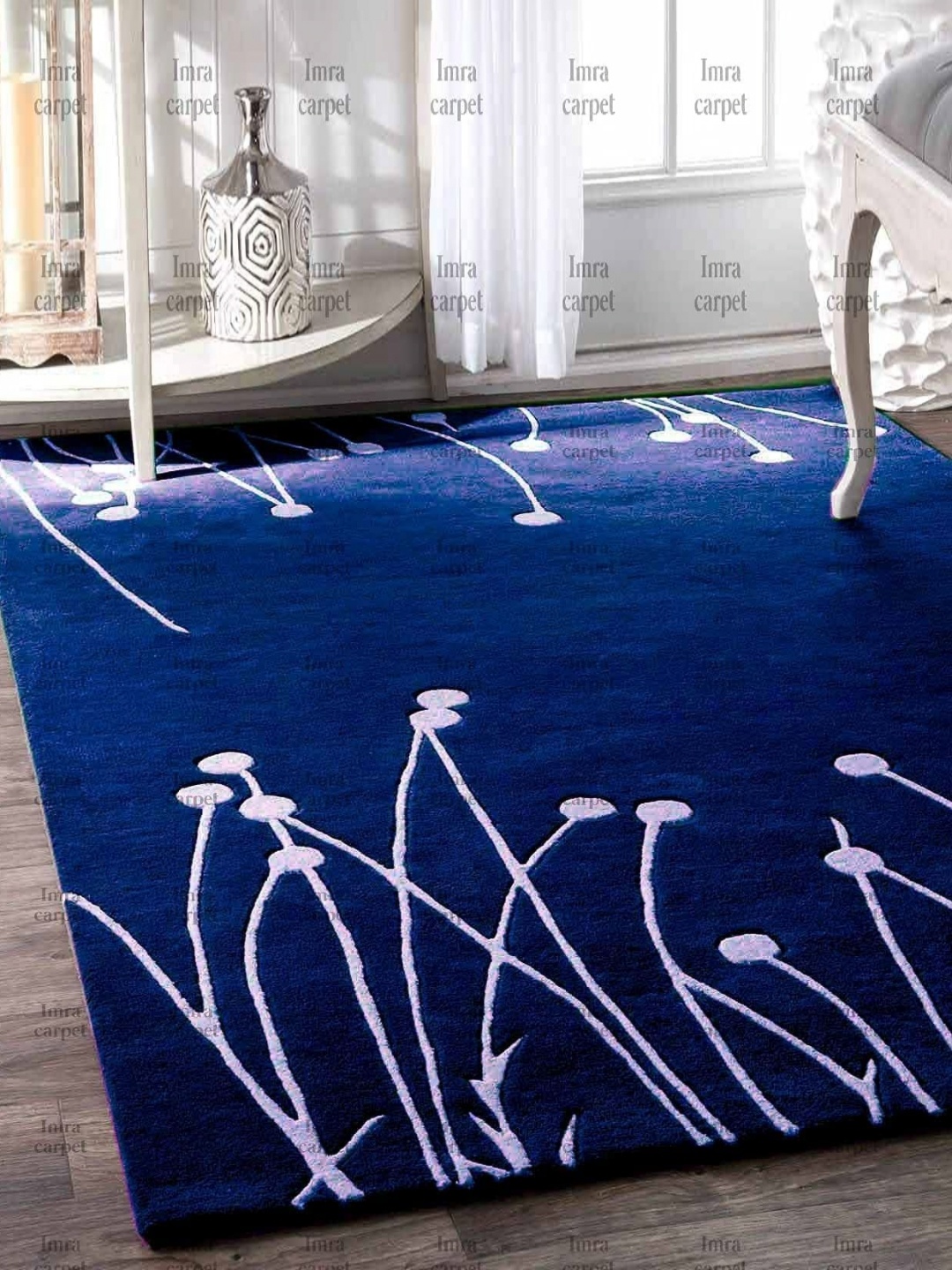 

IMRA CARPET Blue & White Floral Printde Woollen Shaggy Carpet